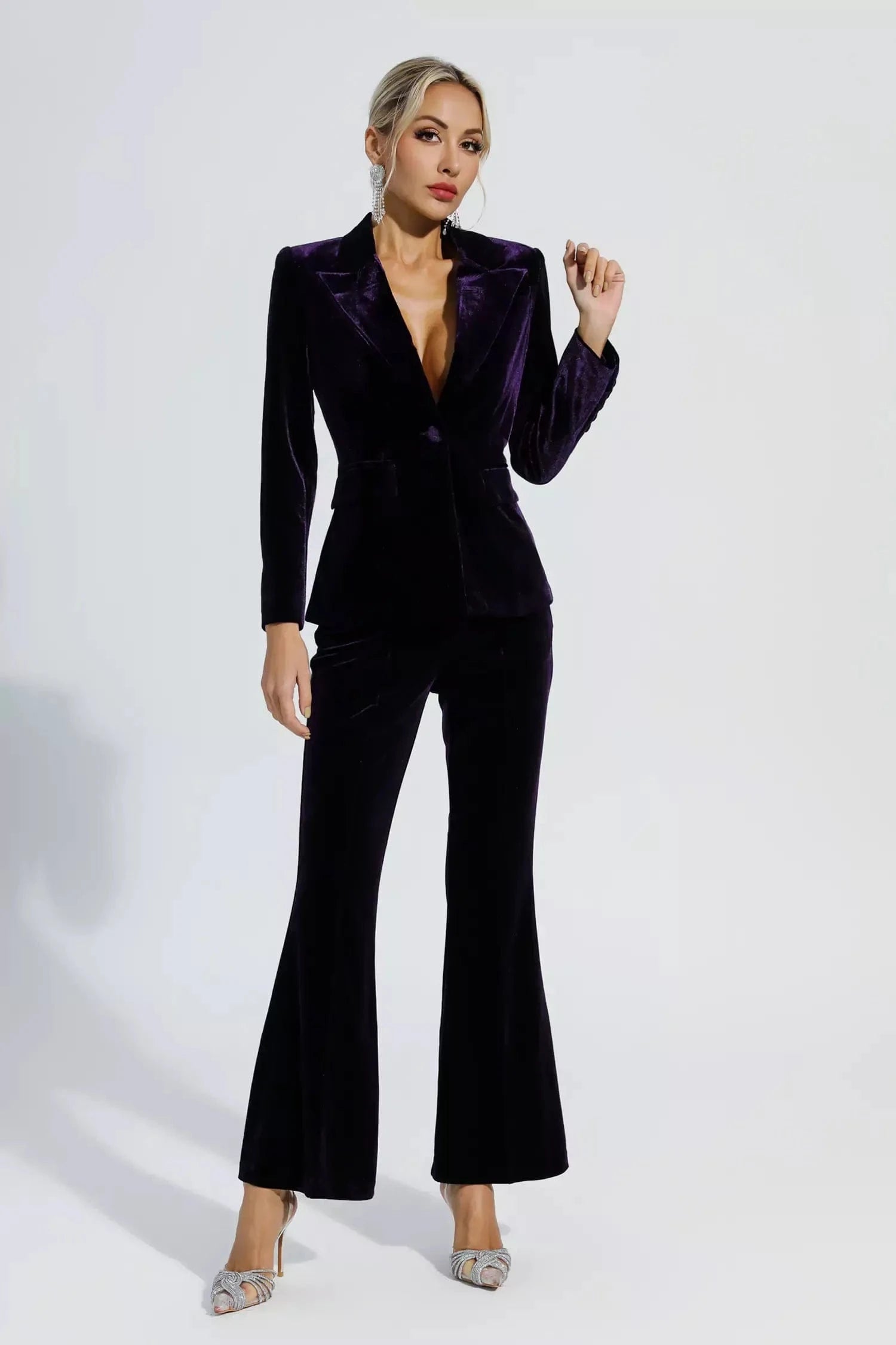 Purple Velvet 2-Piece Women's Business Suit Slim Fit Single Button Blazer & Pants Set for Office, Interview & Formal Events