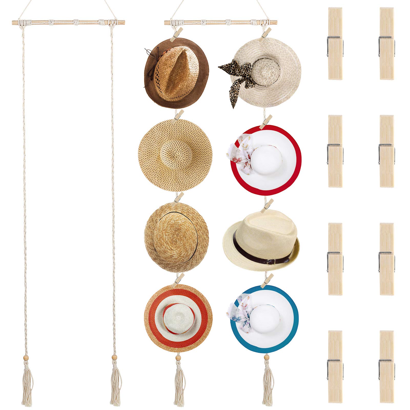 Wooden Hat Organizer with 8 Clips | Wall Mounted Hat Rack for Wide Brim & Baseball Caps | Boho Chic Home Decor | Space Saving Hat Storage Solution for Bedroom, Closet or Entryway
