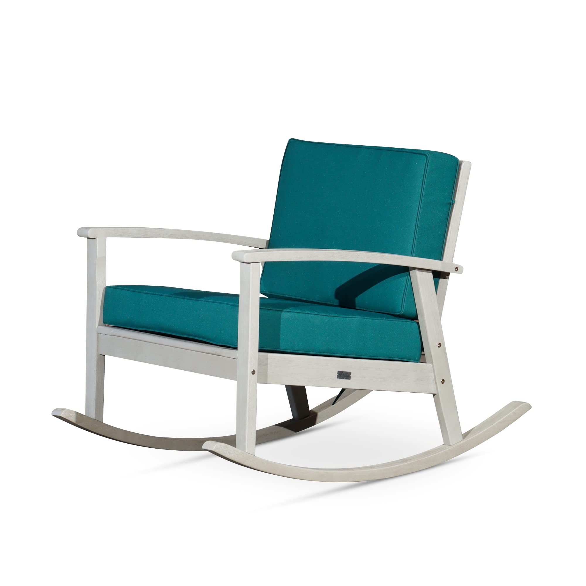 DTY Outdoor Living Longs Peak Deep Seat Eucalyptus Rocker - Driftwood Gray Finish with Dark Green Cushions | Patio Furniture for Garden, Porch & Backyard Relaxation
