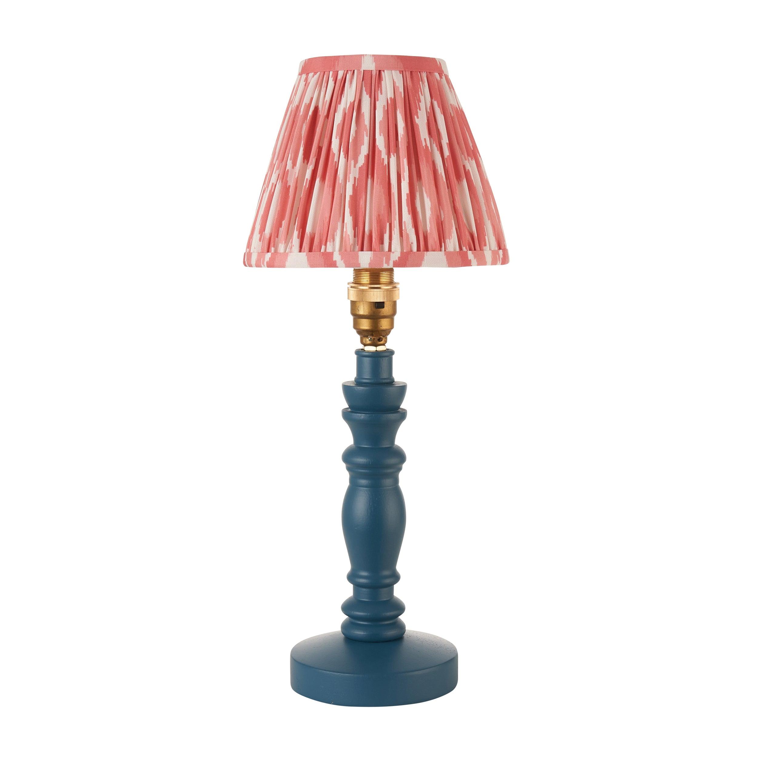 Bibury Blue Table Lamp with Ikat 16cm Coral Pink Shade - Modern Home Office & Bedroom Lighting Decor