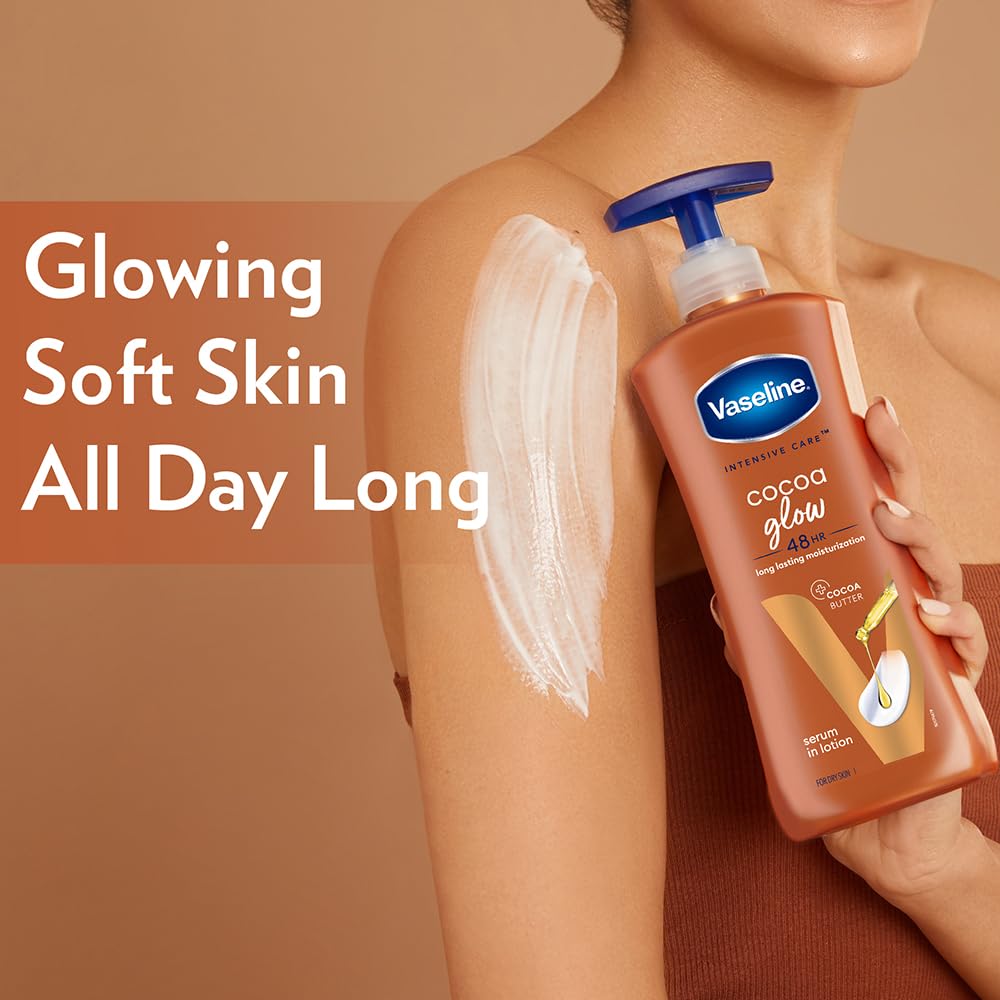 Vaseline Intensive Care Cocoa Glow Serum-in-Lotion 600ml - 100% Pure Cocoa & Shea Butter Body Lotion for Dry, Rough Skin - 48Hr Long-Lasting Moisturization - Perfect for Daily Hydration & Nighttime Skin Repair