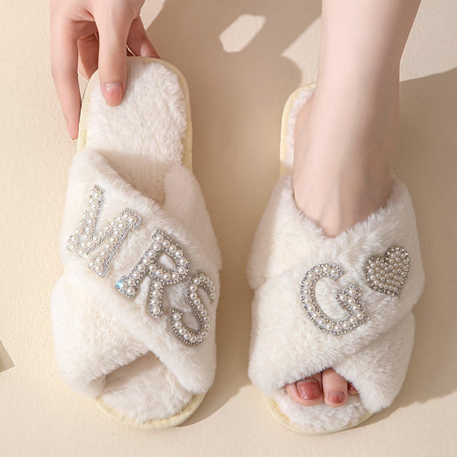 KEYUSHOP Women's Wedding Slippers - Soft Bridal House Slippers with Cross Band, Fuzzy Open-Toe Design for Bride, Bridesmaid & Bridal Shower Party | Comfortable Indoor/Outdoor Slippers for Wedding Preparation & Honeymoon