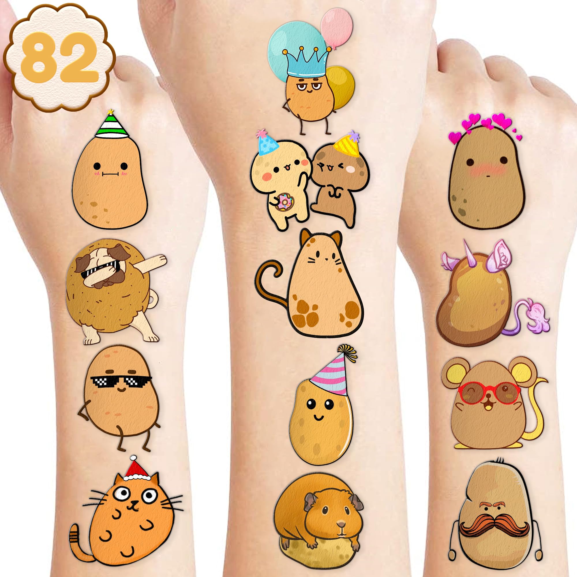 Sweet Potato Temporary Tattoos 82PCS - Fun Potato Theme Party Decorations, Birthday Favors & School Prizes - Cute Stickers for Boys Girls, Christmas Gifts, Carnival Supplies (8 Sheets) - Perfect for Halloween Costumes, Themed Parties & Classroom Rewards