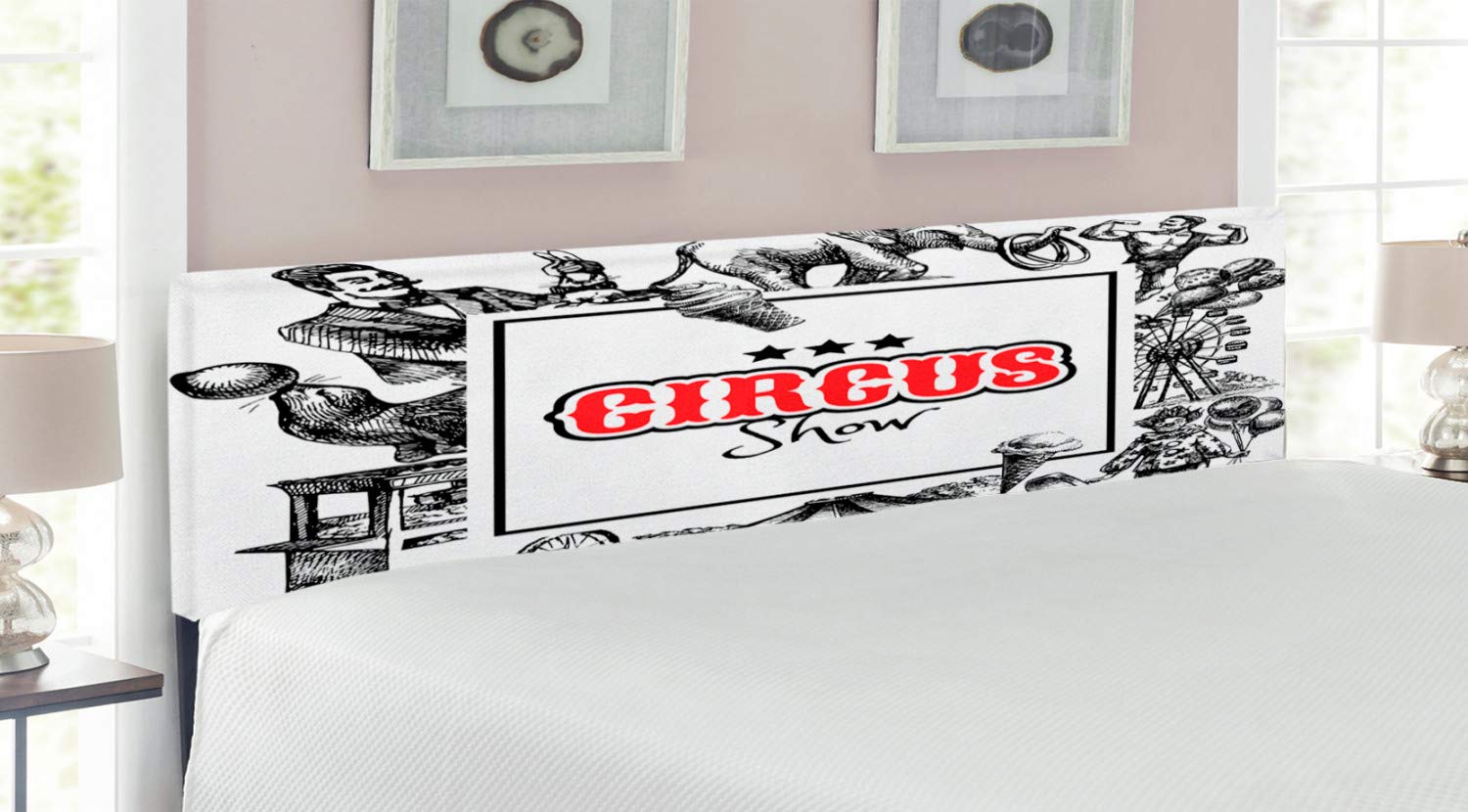 Ambesonne Vintage Circus Show Headboard - King Size Upholstered Metal Bed Frame with Memory Foam, Magician Elephant Sketch Art in Orange & Black | Perfect for Themed Bedrooms, Circus Lovers & Vintage Decor