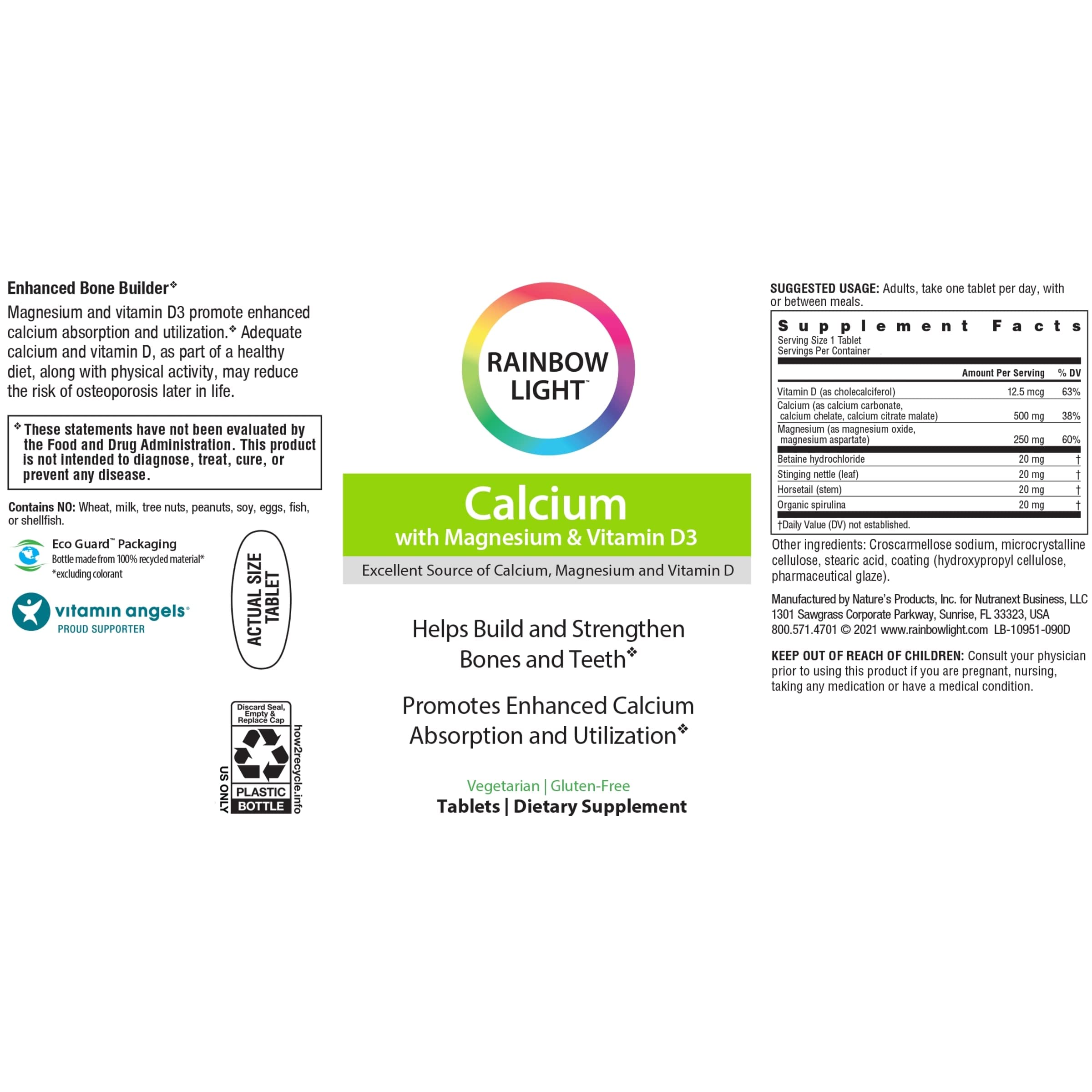 Rainbow Light Calcium Magnesium Vitamin D3 Supplement - 180 Vegetarian Gluten-Free Tablets for Bone & Teeth Health - Supports Strong Bones, Joints & Daily Wellness (Ideal for Adults & Seniors)
