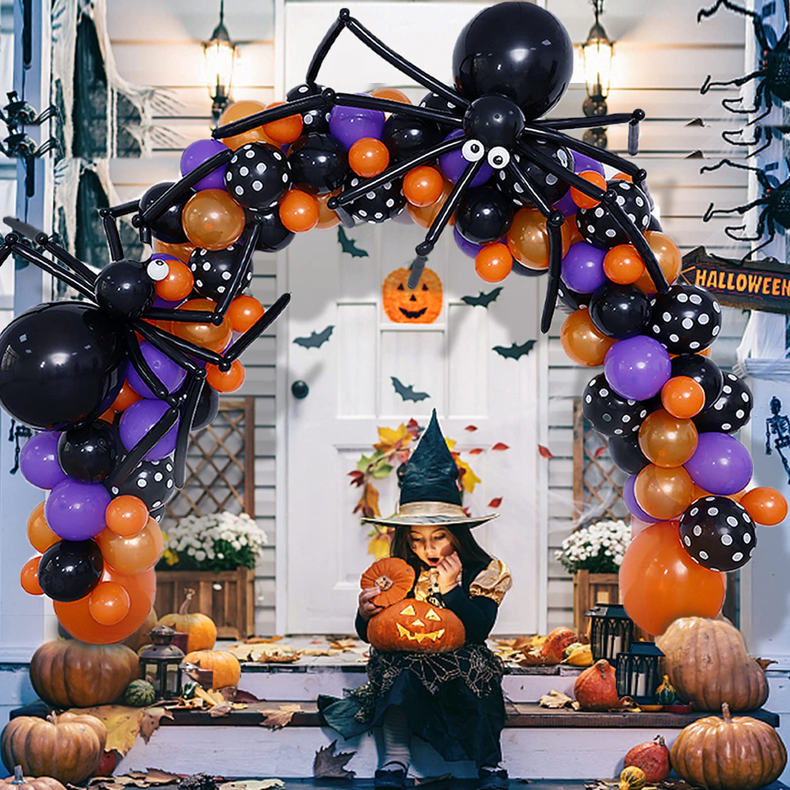 144-Piece Halloween Balloon Garland Arch Kit - DIY Black Orange Purple Latex Balloons with 3D Bats Stickers for Spooky Party Decor | Perfect for Halloween Home Decor, Haunted House Parties & Trick-or-Treat Displays