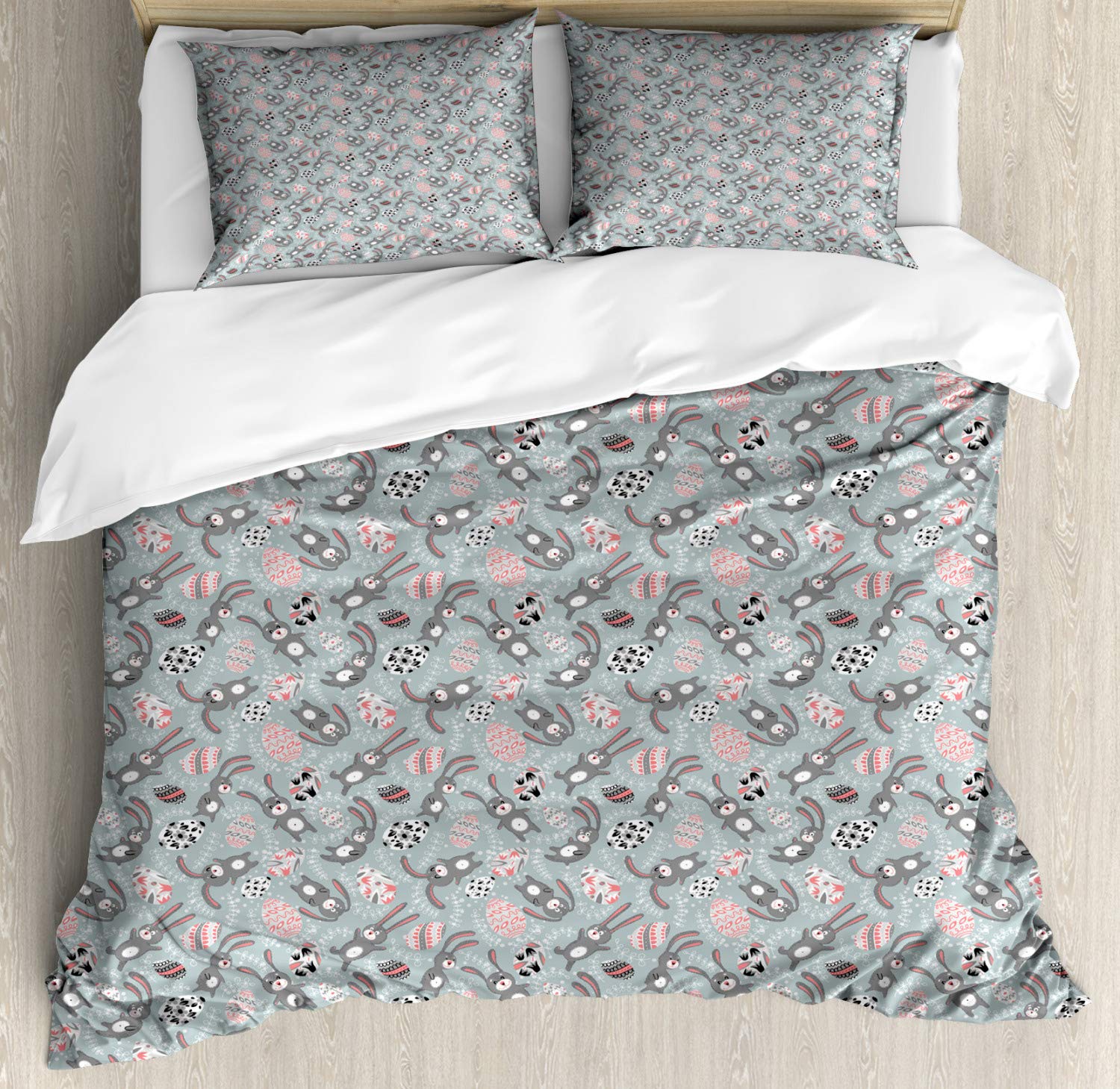 Ambesonne Easter Duvet Cover Set - King Size 2-Piece Bedding with Cartoon Bunny Design, Spring Floral Branches & Eggs Pattern - Blue Grey Black & Coral - Perfect for Spring Decor, Holiday Bedroom Makeover & Gift Giving