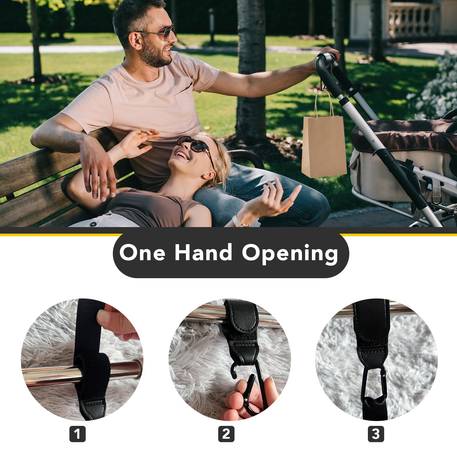 Durable Baby Stroller Hooks - 2 Pack Leather Stroller Straps for Diaper Bags, Shopping & Pet Carts | Heavy-Duty Stroller Clips for Groceries & Essentials (Black) | Perfect for Moms On-The-Go, Park Visits & Daily Errands