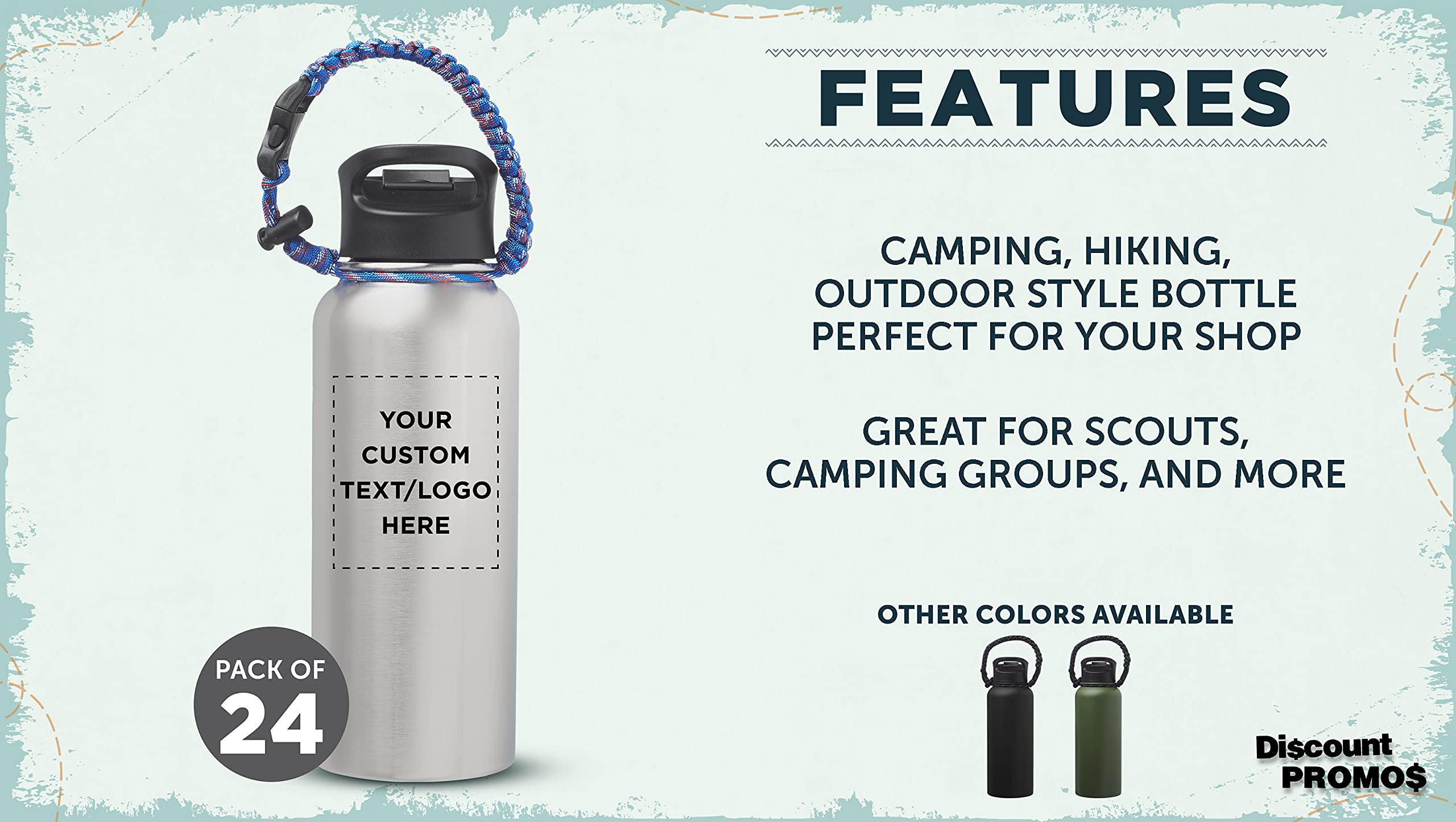 24 Pack Vulcan Stainless Steel Water Bottles 34oz with Adjustable Strap - Custom Text/Logo - Double Wall Vacuum Insulated Silver - Perfect for Gym, Hiking, Camping & Office Use