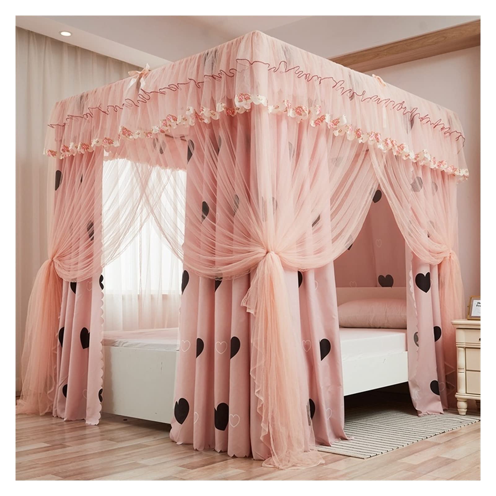 Elegant Quadrate Palace Bed Canopy with Frame - Romantic Shading Bed Curtain for Queen Size (1.8m/6ft) - 3-Door Bed Cover Canopy Net for Bedroom Decor - Home Textiles for Wedding, Nursery & Master Bedroom