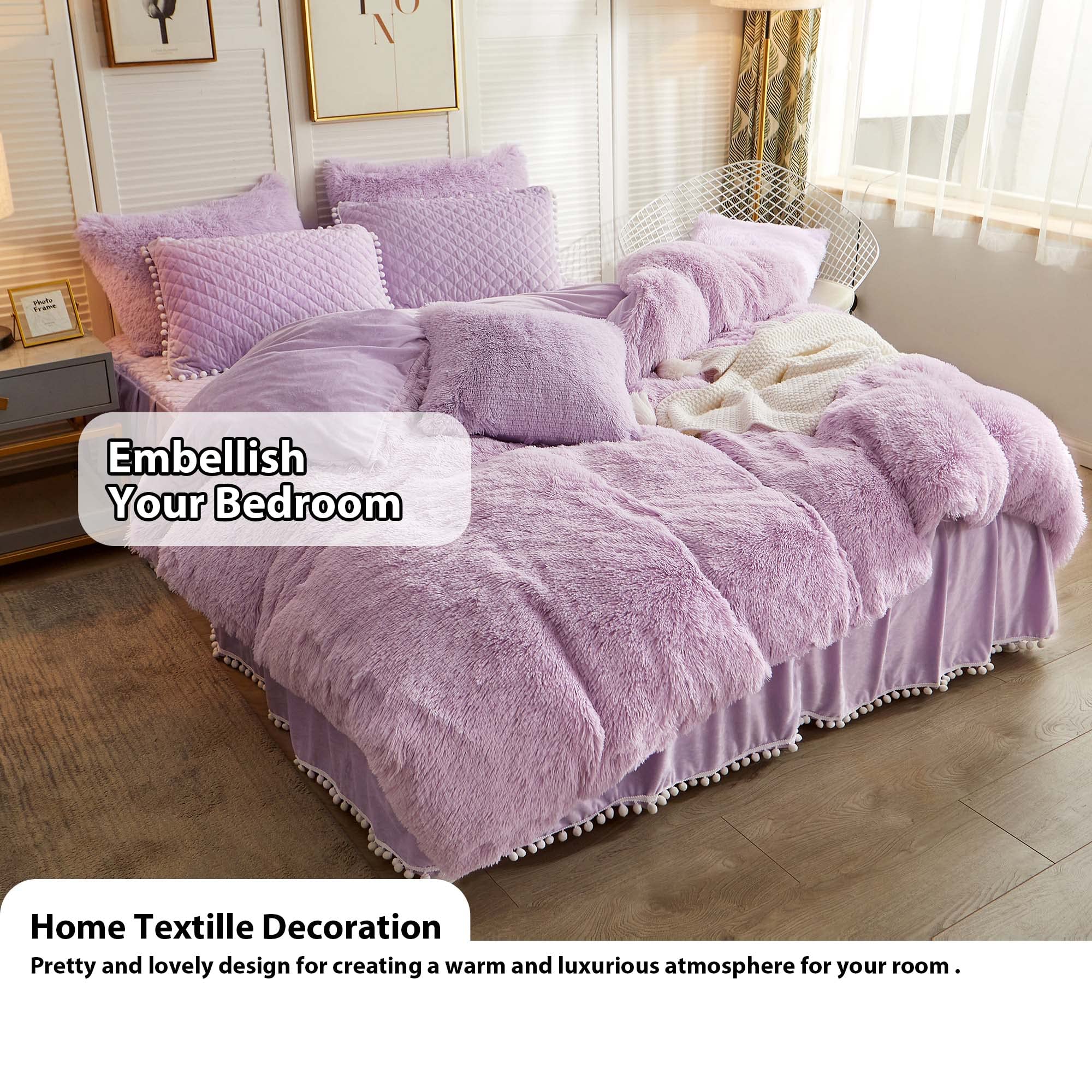 Luxury Pom Poms Velvet Bed Skirt - 18 Inch Drop Lavender Dust Ruffle Bed Skirt for Full/Queen Beds | Soft Cozy Quilted Fitted Bed Sheet with Elegant Fringe | Orchid Purple Bedspread Decor for Master Bedroom & Guest Room