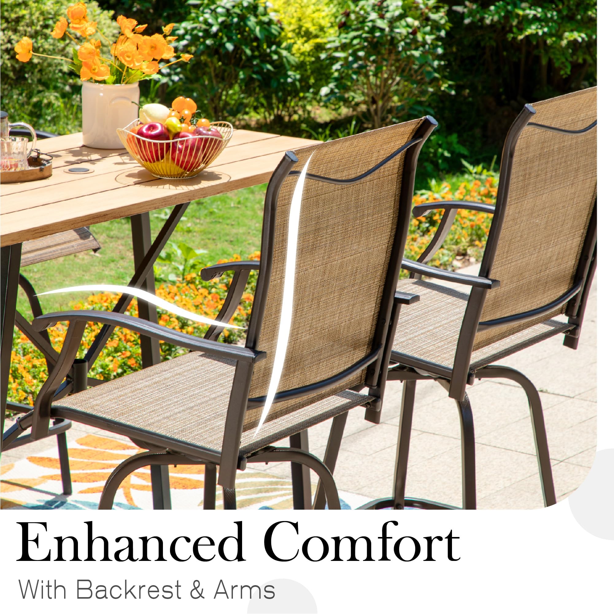 Sophia & William Outdoor Bar Set - 6 Swivel Bar Chairs & Rectangular Bar Table for Patio, Deck or Backyard | Brown Chairs & Black Table | Perfect for Entertaining, BBQs & Outdoor Dining