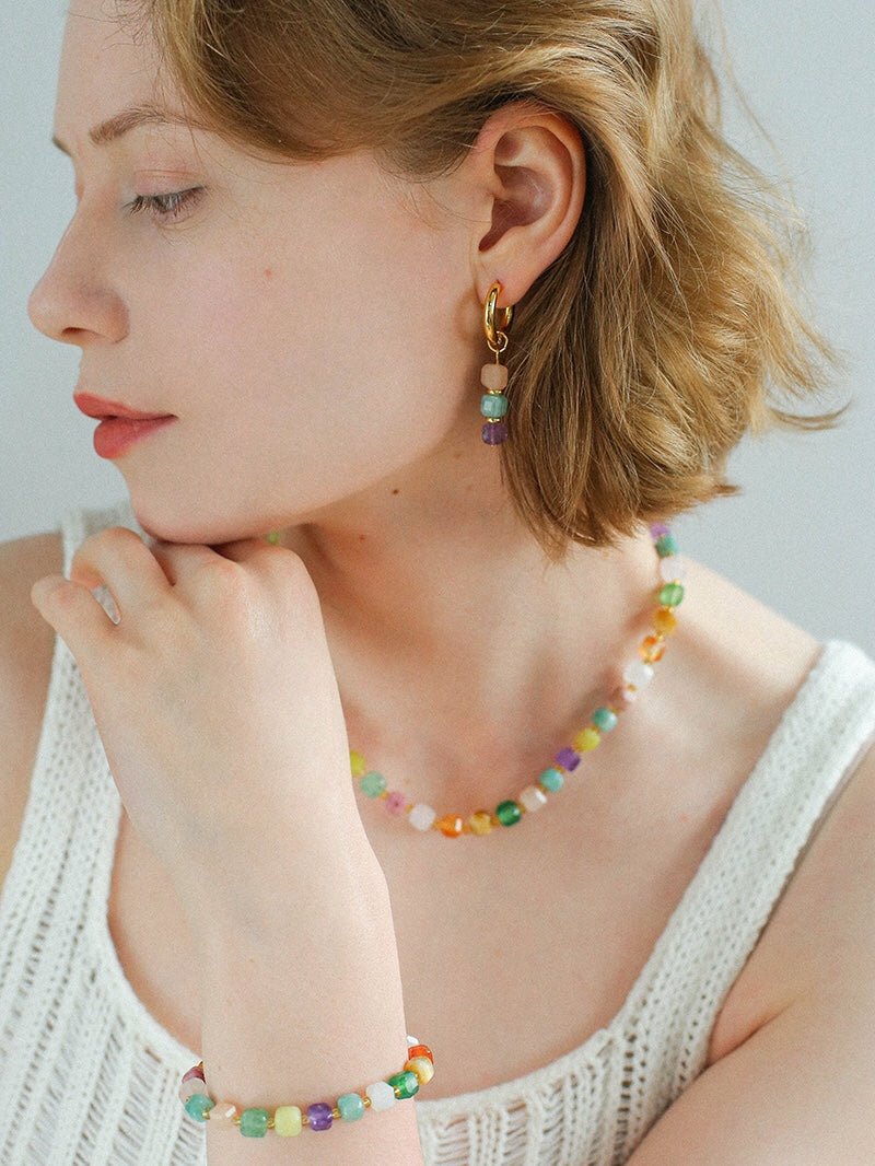 Rainbow Candy Cube Gemstone Beaded Bracelet for Women - Colorful Stretch Beaded Bracelets for Teen Girls - Perfect for Parties, Gifts & Everyday Wear
