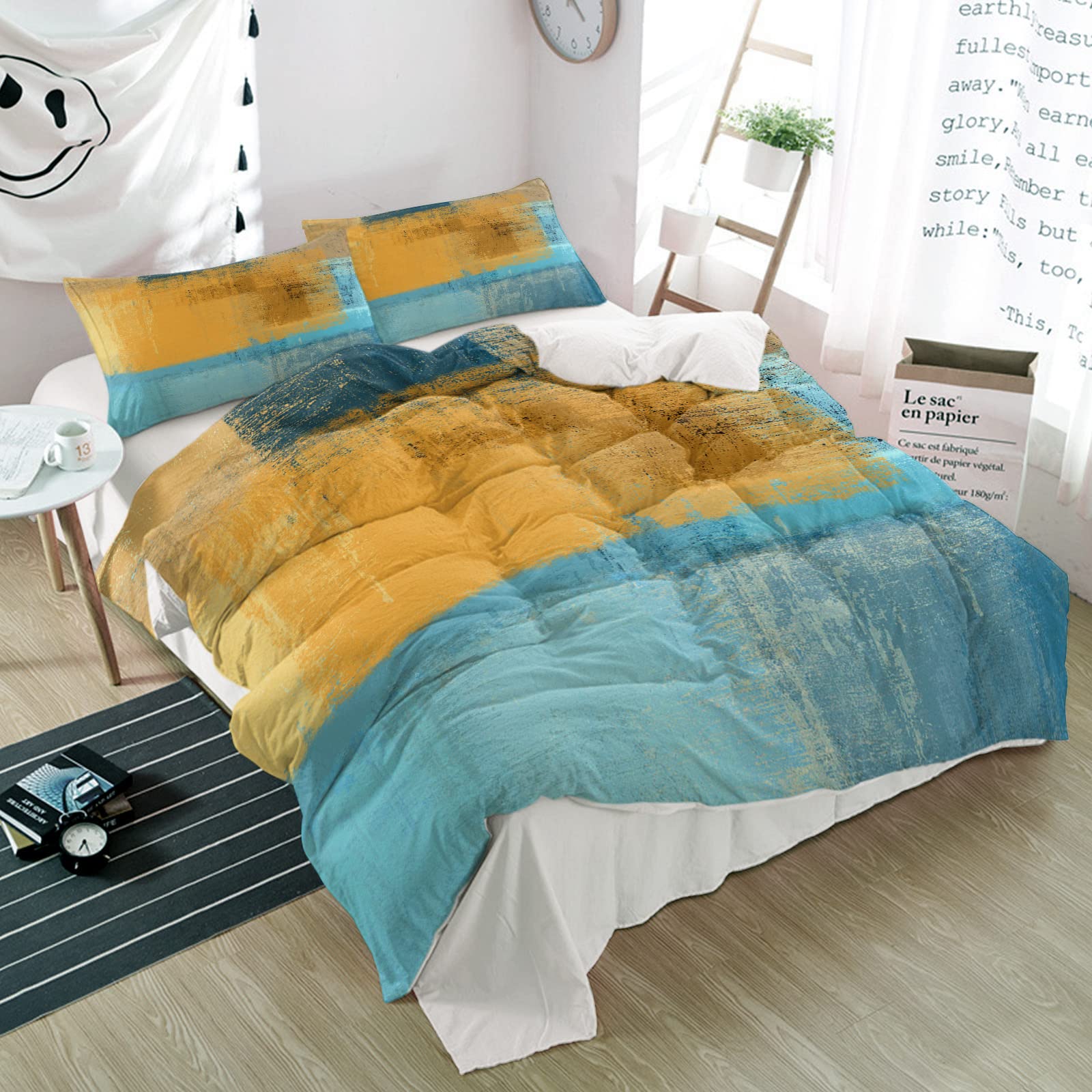 Possta Decor 3-Piece Duvet Cover Set - Orange Oil Painting Abstract Geometric Design, Soft Microfiber Quilt Cover & Pillowcases, Blue Gradient Watercolor Art Bedding Set for Twin Size | All-Season Comfort for Bedroom, Guest Room & Dorm Decor