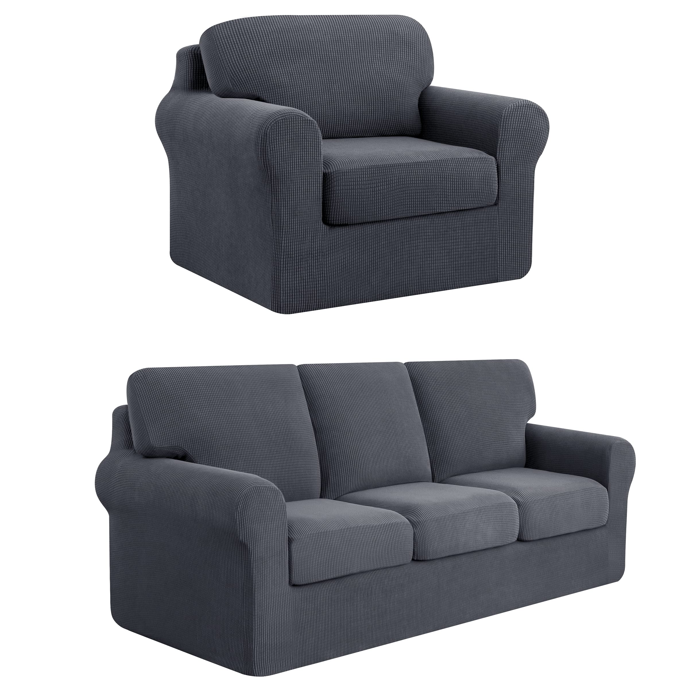 SUBRTEX 3-Piece Armchair Cover & 7-Piece Sofa Slipcover Set - Stretchable Couch Covers with Separate Backrest & Cushion Covers (Small/Large, Gray) - Perfect for Living Room Furniture Protection & Home Decor Upgrade