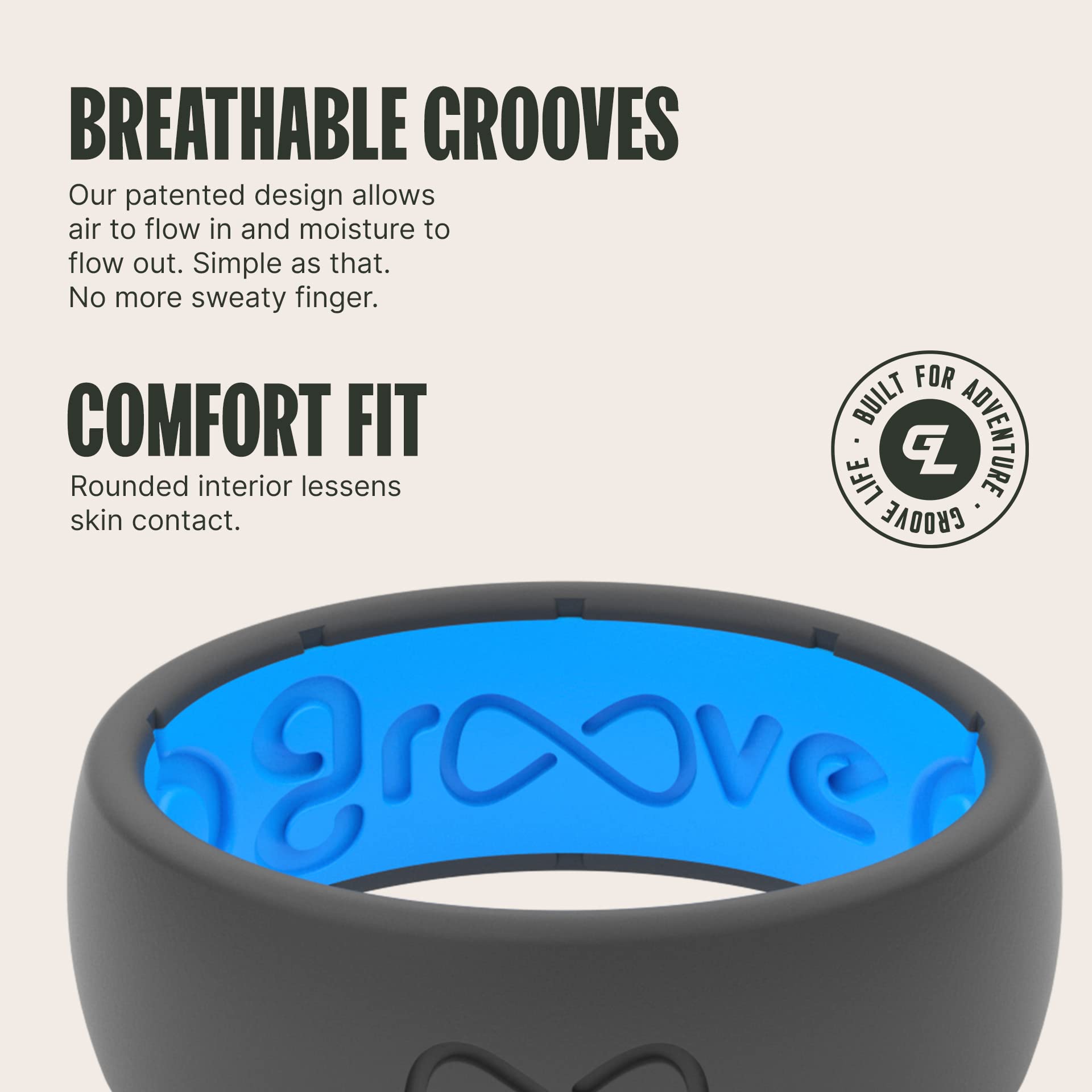 Groove Life Solid Silicone Ring for Men - Breathable Comfort Fit Wedding Band with Unique Design & Lifetime Warranty - Perfect for Active Lifestyle, Gym, Swimming & Outdoor Adventures