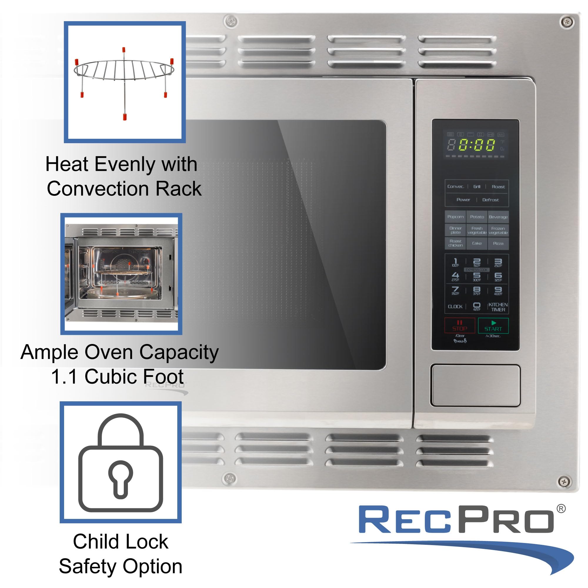 RecPro RV Convection Microwave Oven - 1.1 Cu.Ft Stainless Steel 120V | Direct Replacement for High Pointe & Greystone RV Microwaves | Perfect for Camping, Road Trips & RV Living