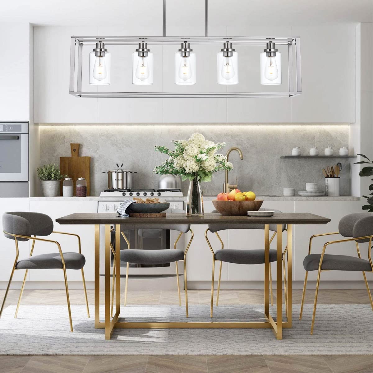VINLUZ 5-Light Modern Industrial Chandelier - Brushed Nickel Finish with Clear Glass Shade - Classic Pendant Island Lighting Fixture for Dining Room, Living Room & Bedroom - Perfect for Farmhouse, Loft and Contemporary Home Decor