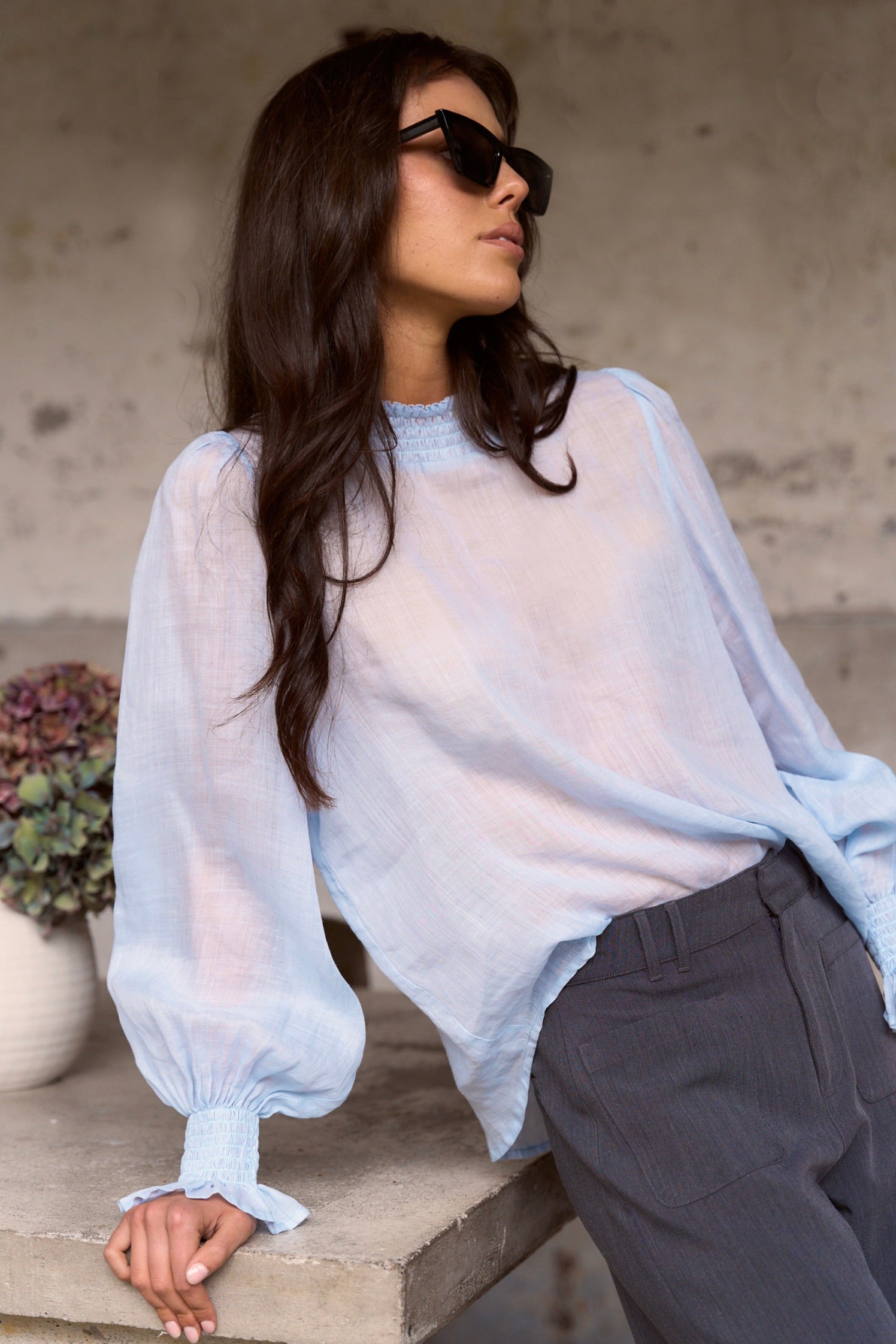 Embrace Ice Blue Ramie Shirred Neck Long Sleeve Top for Women - Boho Chic Blouse for Casual Wear & Summer Outfits