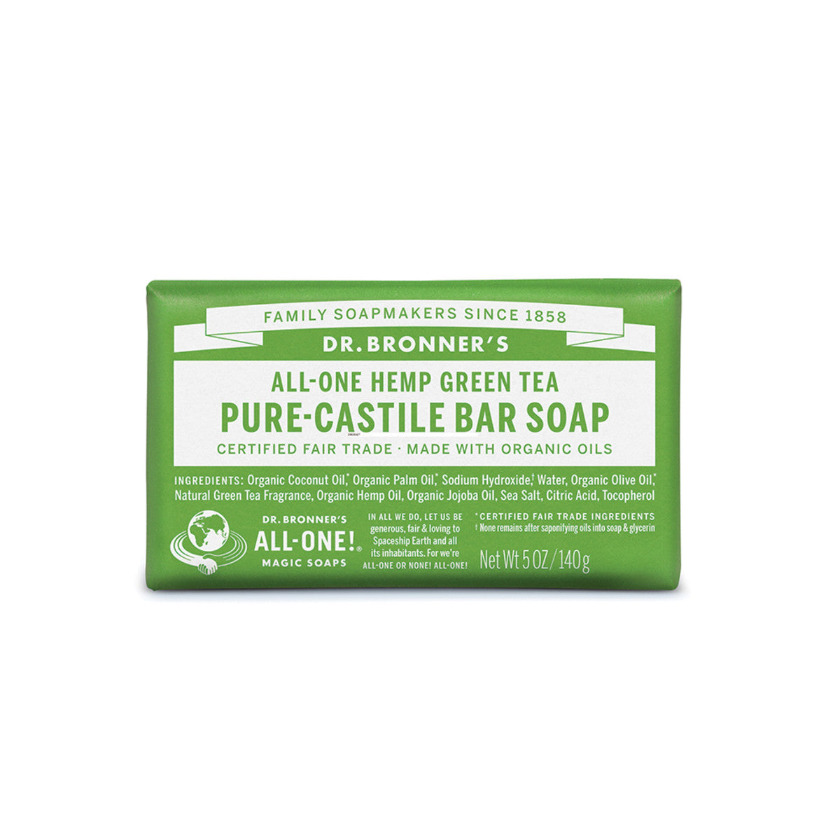 Dr. Bronner's Organic Green Tea Pure Castile Bar Soap with Hemp Oil, 140g - All-in-One Cleansing for Face, Body & Hair | Vegan, Cruelty-Free & Eco-Friendly | Perfect for Travel, Gym & Daily Skincare Routine