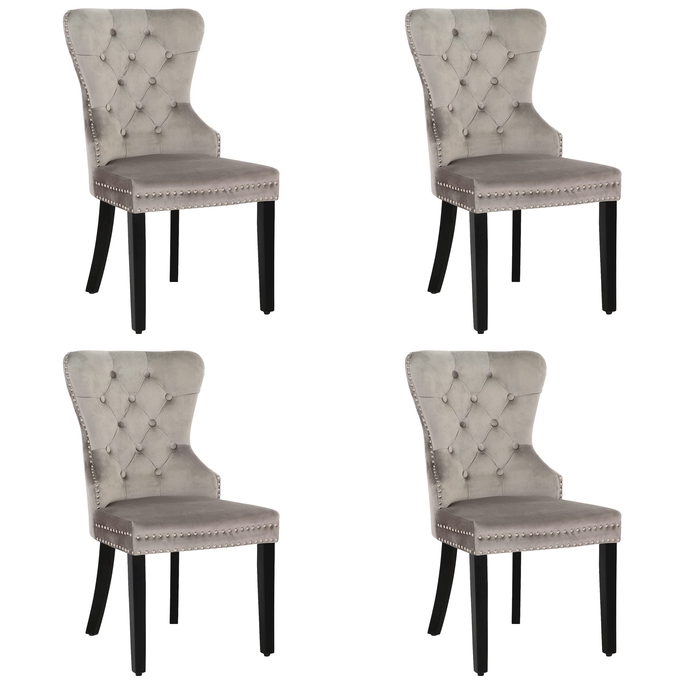 WestinTrends Velvet Dining Chairs Set of 4 - Modern Wingback Upholstered Button Tufted Kitchen & Dining Room Chairs with Solid Wood Legs & Pull Ring (Gray) - Perfect for Home, Restaurant, and Office Use