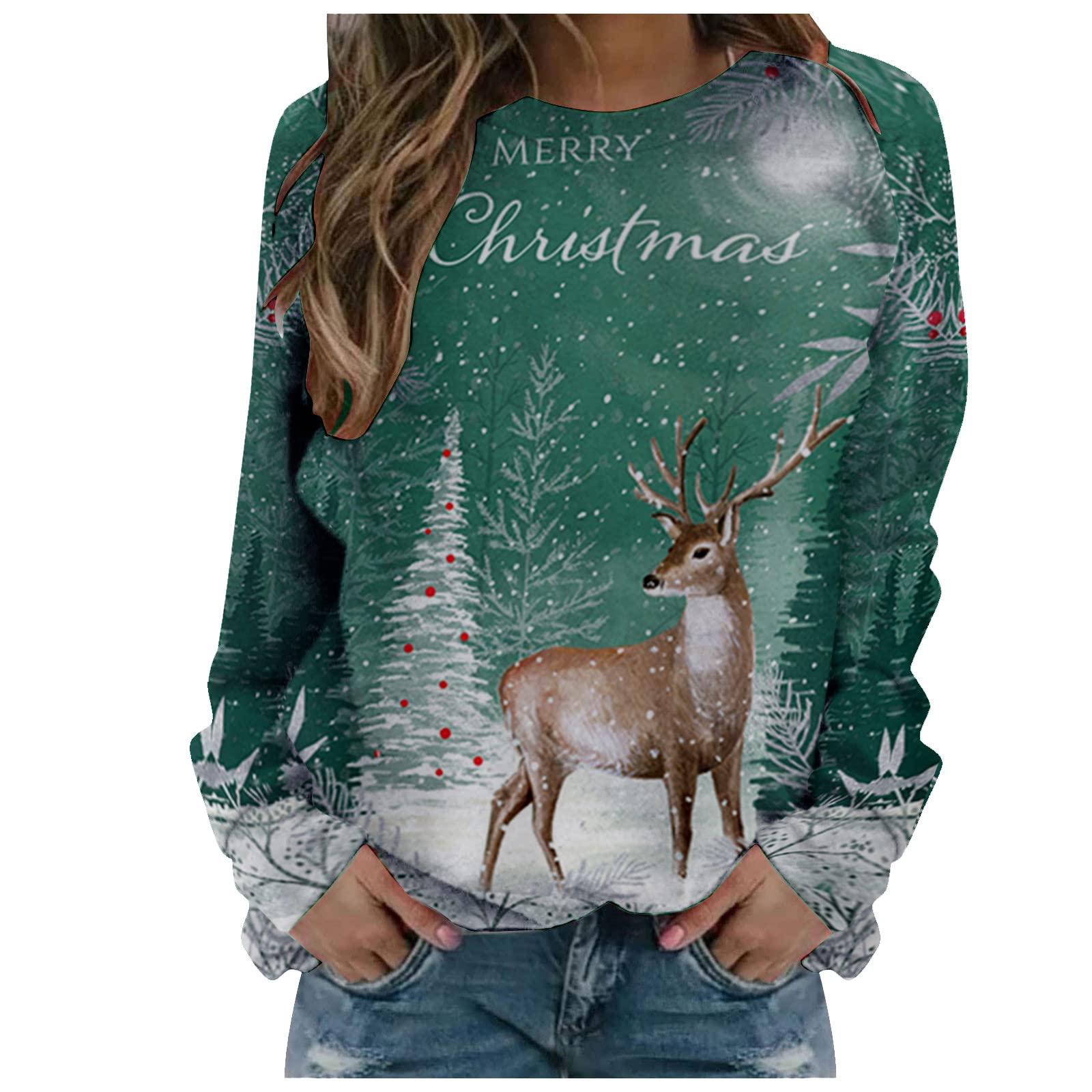 Women's Christmas Sweater - Cute Holiday Printed Long Sleeve Pullover Top | Cozy Crewneck Loose Fit Casual Shirt for Xmas Party, Family Gathering & Winter Outfits