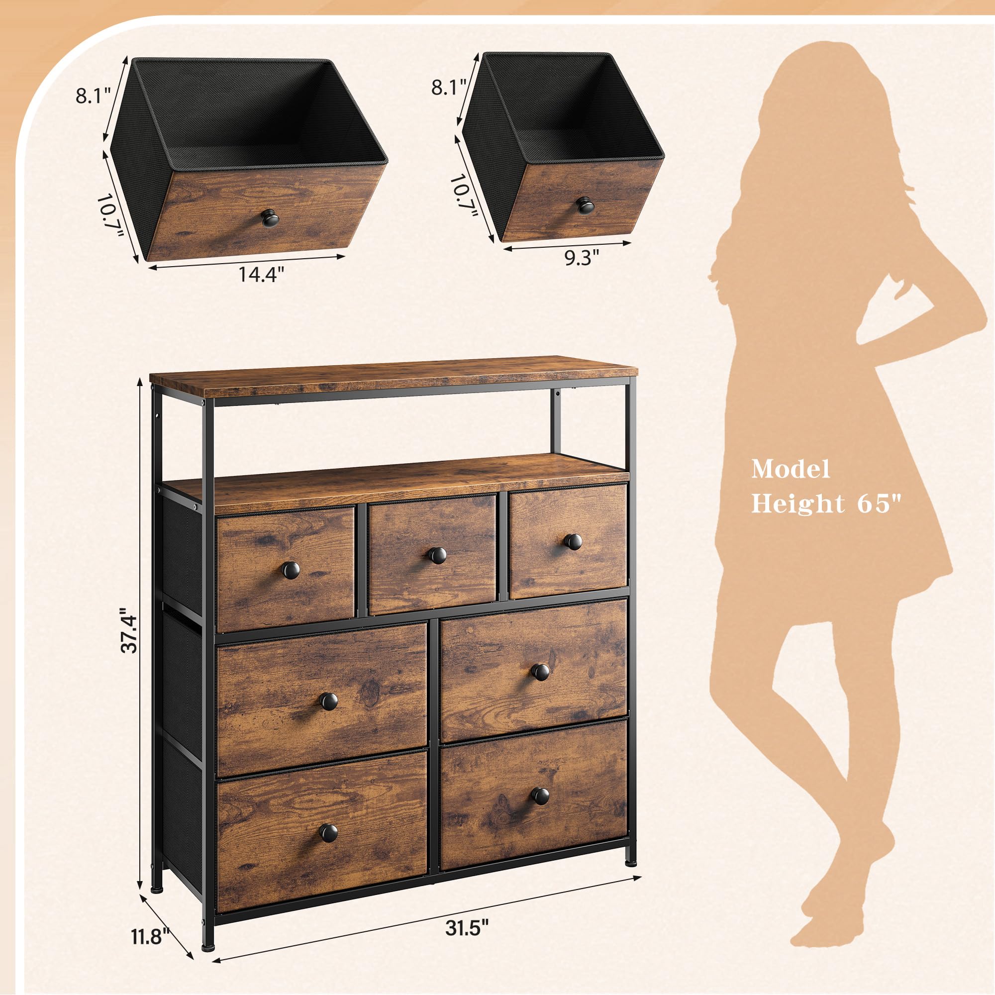 7-Drawer Purple Dresser for Bedroom - Wooden Top & Metal Frame Chest of Drawers - Clothes Storage Organizer with Rustic Brown Finish | Perfect for Bedroom Organization, Guest Room Furniture & Entertainment Center Storage