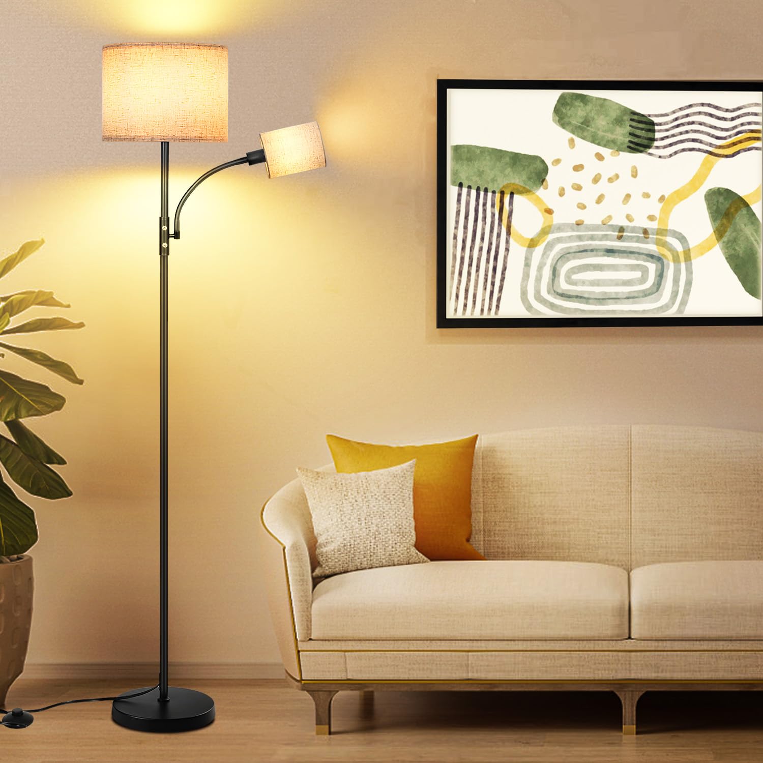 OTREN Modern Floor Lamp with 9W E27 Bulb & 4W Reading Light, Adjustable Linen Shade & Foot Switch - Perfect for Living Room, Bedroom, Dining Room - Ideal for Reading, Relaxing & Ambient Lighting