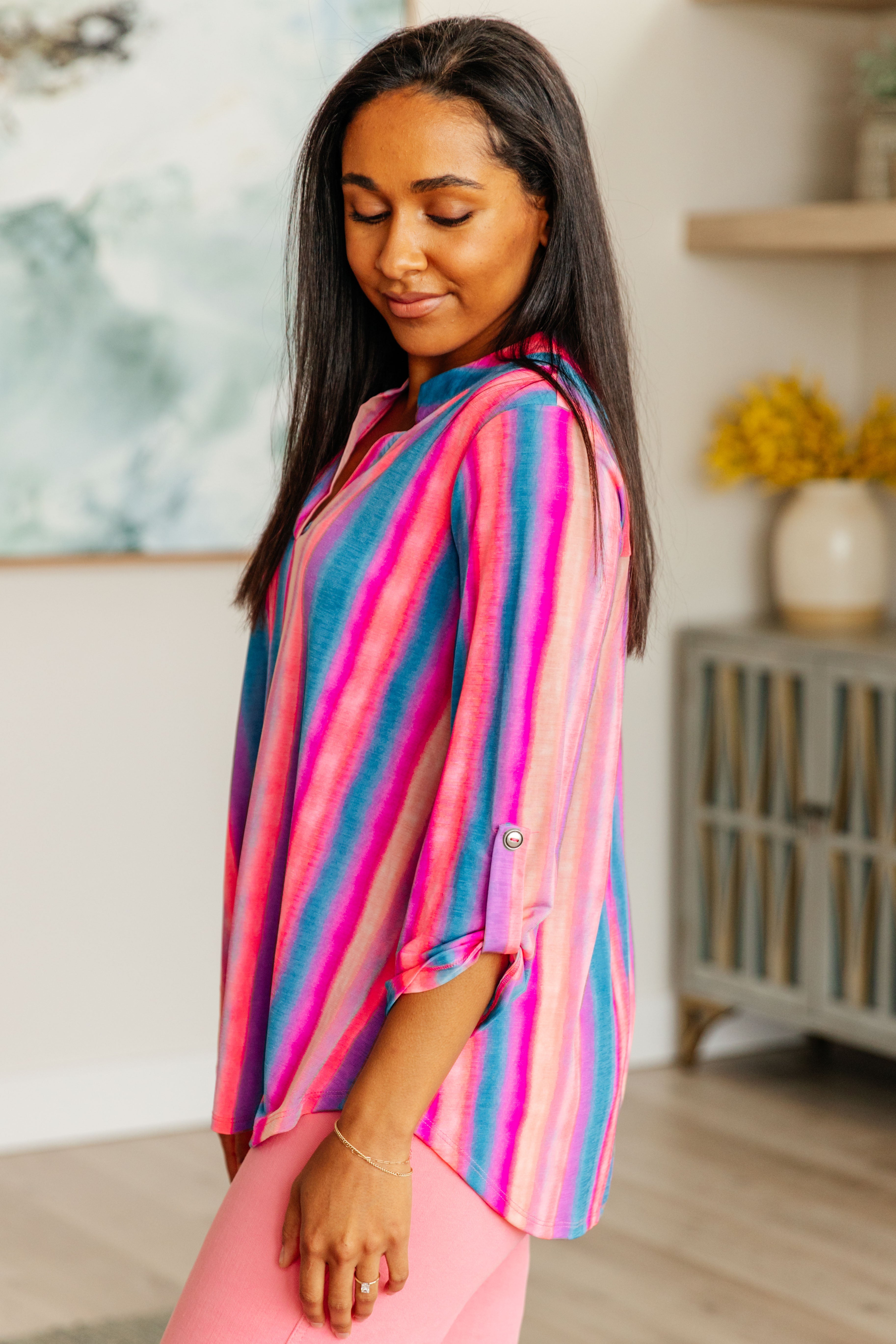 Lizzy Top - Blue and Pink Striped Women's T-Shirt | Casual Summer Tee for Outfits, Beach & Everyday Wear
