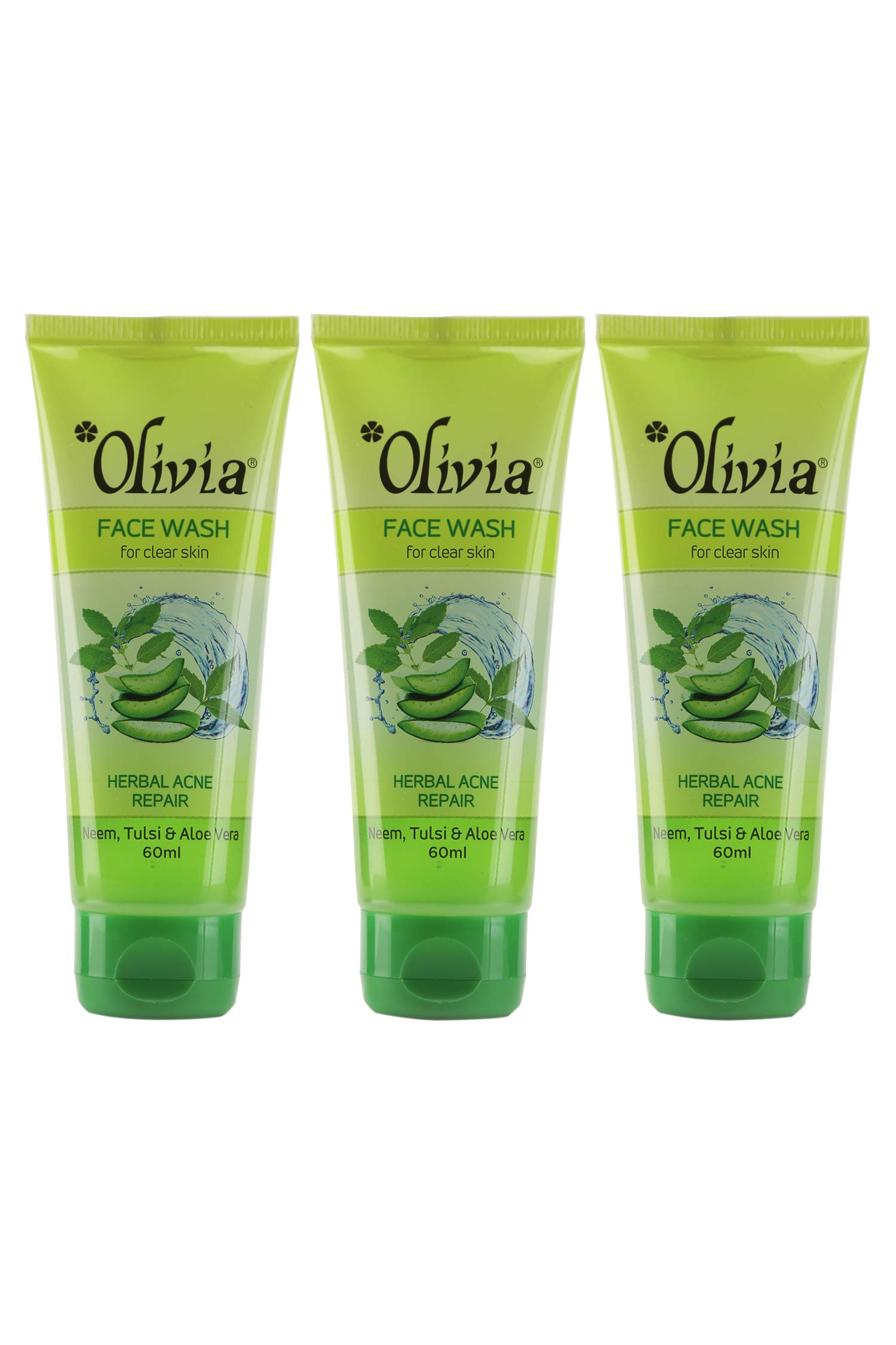 Olivia Herbal Acne Repair Face Wash 60ml - Natural Neem, Tulsi & Aloe Vera Formula for Clear Skin - Gentle Daily Cleanser for Oily & Acne-Prone Skin - Pack of 3 (Perfect for Travel & Gym Bag)