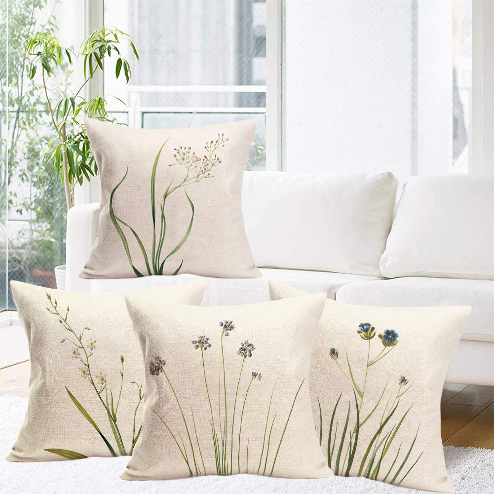 Set of 4 Green Plant Throw Pillow Covers - 24x24 Inch Cotton Linen Cushion Covers with Floral Design for Sofa, Couch & Outdoor Decor - Spring Summer Home Decorations | Perfect for Living Room, Patio & Garden