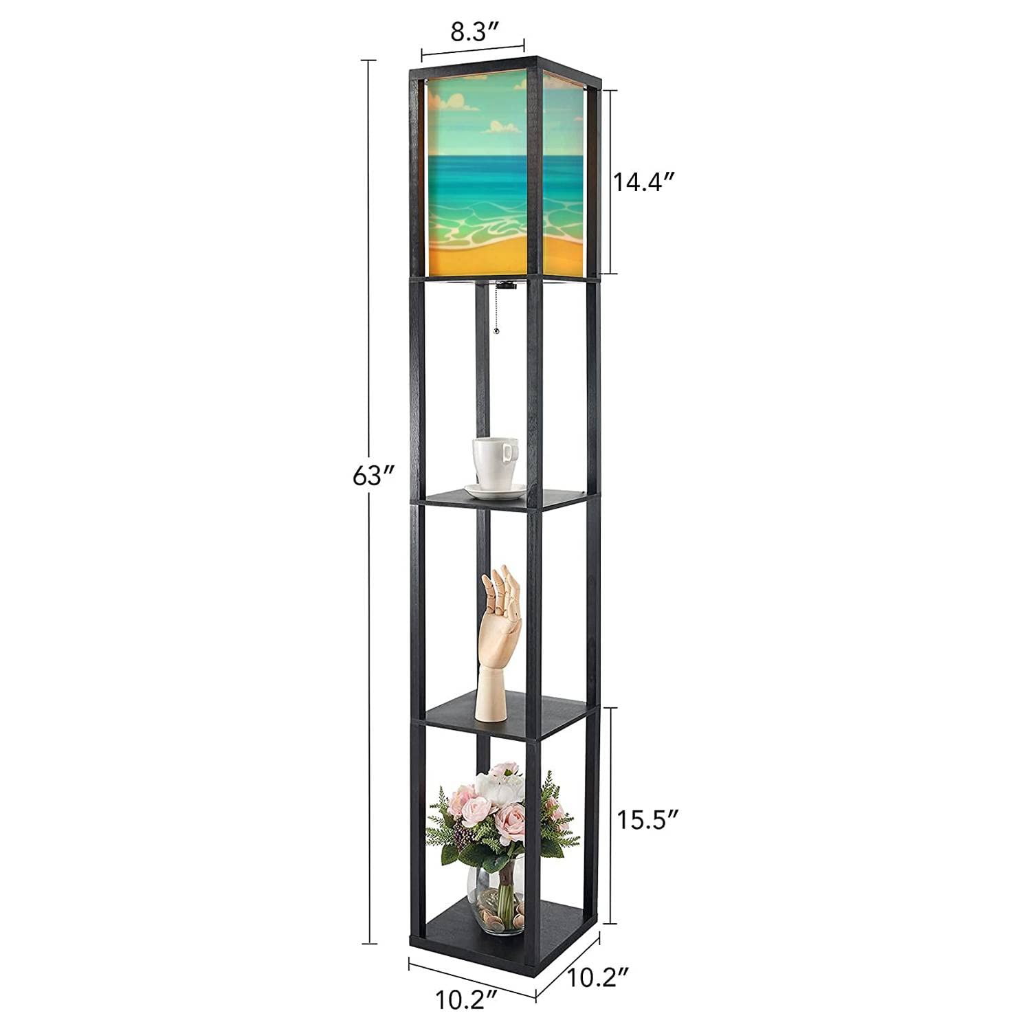 Cartoon Summer Beach Style Standing Lamp with Shelves - Flaxen Fabric Shade Floor Lamp for Living Room, Bedroom, Office - Tall Corner & Bedside Lighting for Home Aesthetic Decor (Perfect for Reading Nook, Coastal Theme Rooms & Relaxing Spaces)