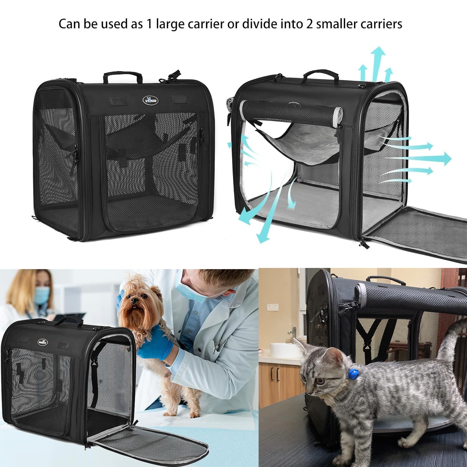 2-in-1 Portable Pet Carrier for Medium Dogs & Large Cats - Double Compartment Travel Crate with Carry Bag, Hammock, Mats & Bowls - Perfect for Camping, Hiking & Outdoor Adventures
