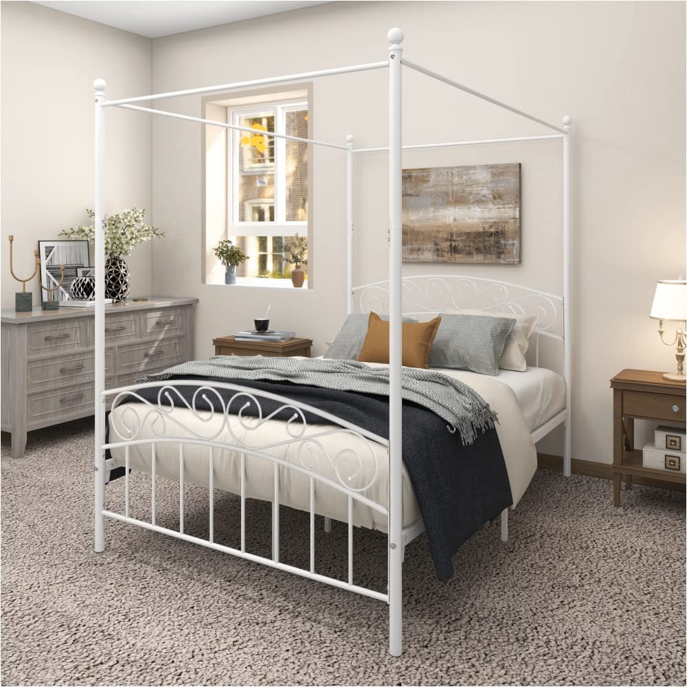 Large Metal Canopy Bed Frame - Modern Canopy Bed with Mattress Support, Built-in Headboard & Footrest in White | Perfect for Master Bedroom, Guest Room & Luxury Bedroom Decor