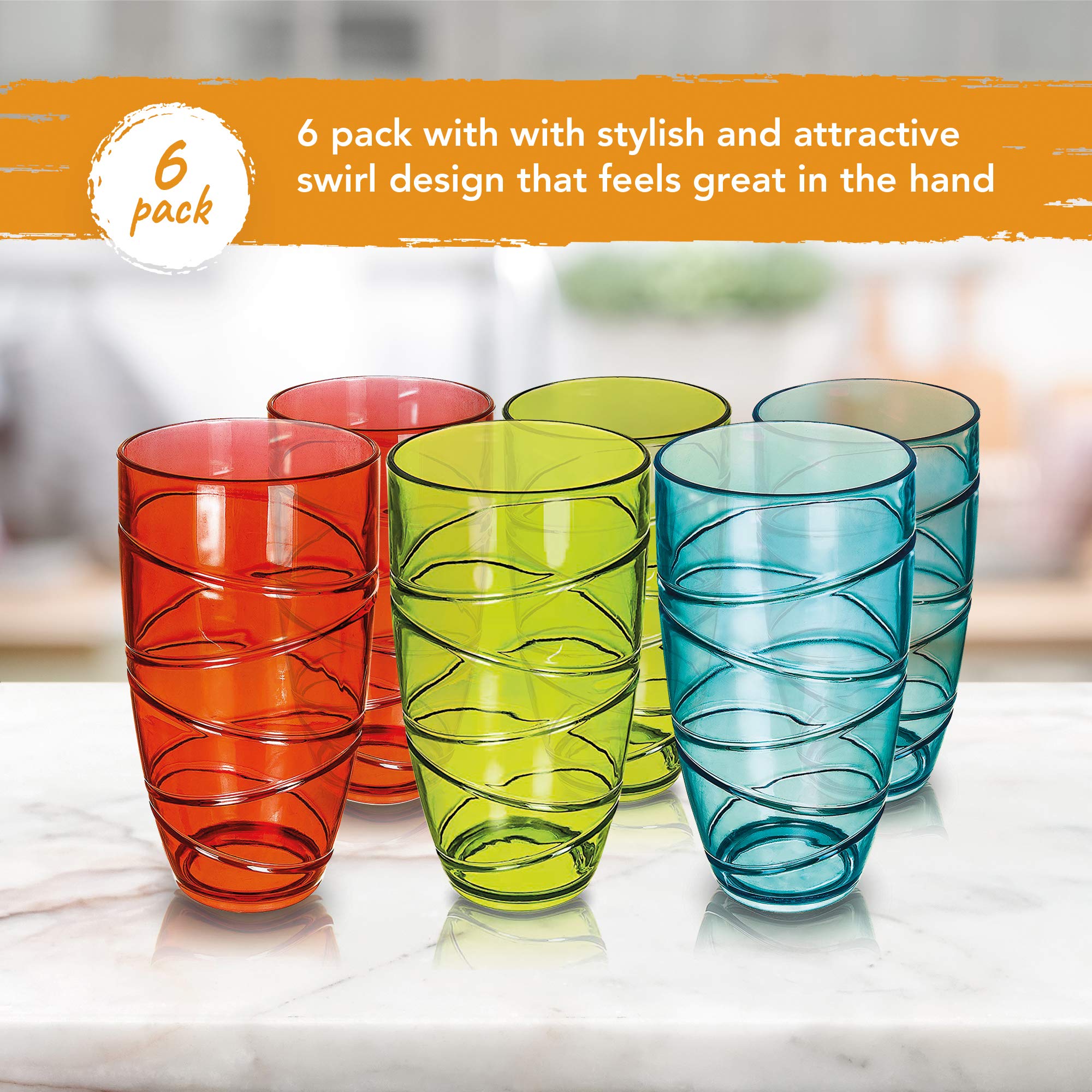Volila 6-Pack Shatterproof Acrylic Drinking Glasses - Reusable Plastic Tumblers for Parties, Picnics & Daily Use - Colorful Stackable Cups (Great for BBQs, Outdoor Events & Home Entertaining)