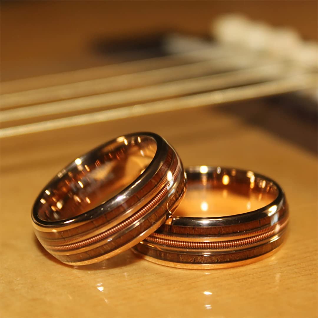 Men's Hawaiian Koa Rose Gold Tungsten Guitar String Wedding Ring - 8mm Comfort Fit Band for Guitarists & Musicians | Perfect for Weddings, Anniversaries & Music Performances