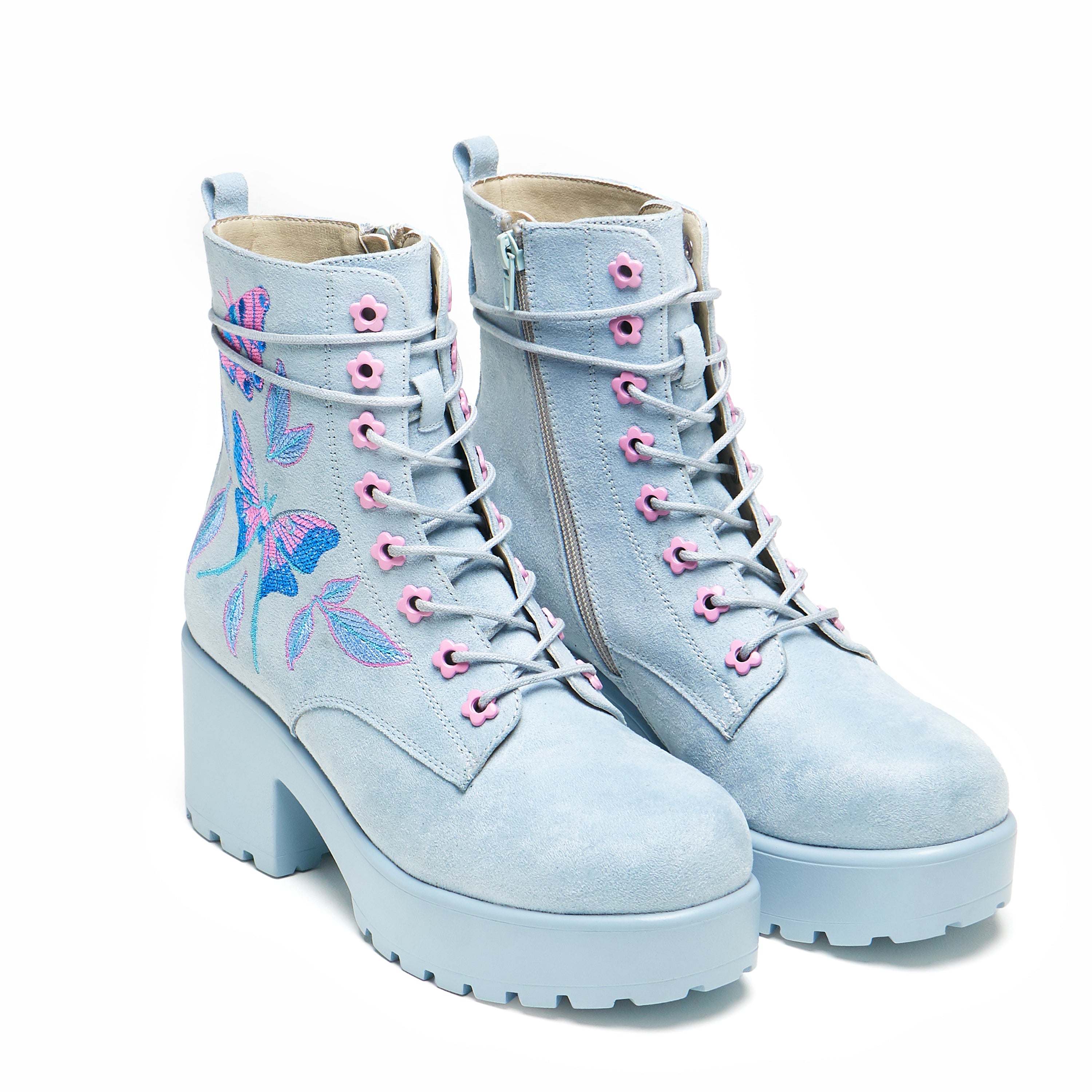 Butterfly Dune Suede Platform Military Boots for Women - Blue Combat Ankle Boots | Fashionable & Comfortable for Outdoor, Streetwear & Fall Winter Style