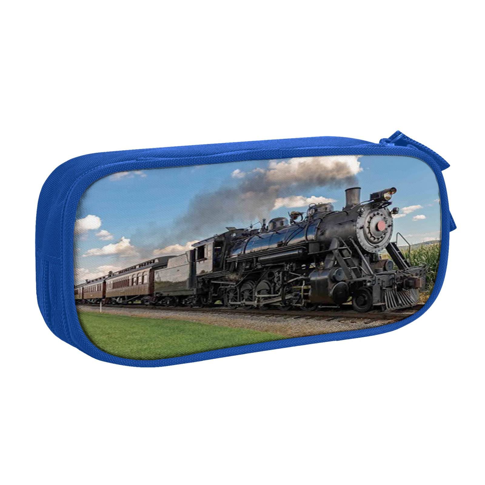 2022 Vintage Locomotive Train Pencil Case - Large Capacity 2-Compartment Storage Pouch, Multicolor Blue | School Supplies Organizer for Students & Office Desk Accessories