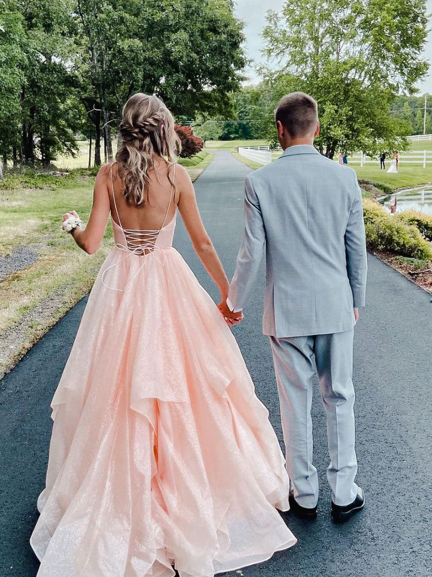 Elegant Pink Long Prom Dress with V-Neck Tulle Design - Perfect for Formal Graduation, Homecoming & Special Occasions