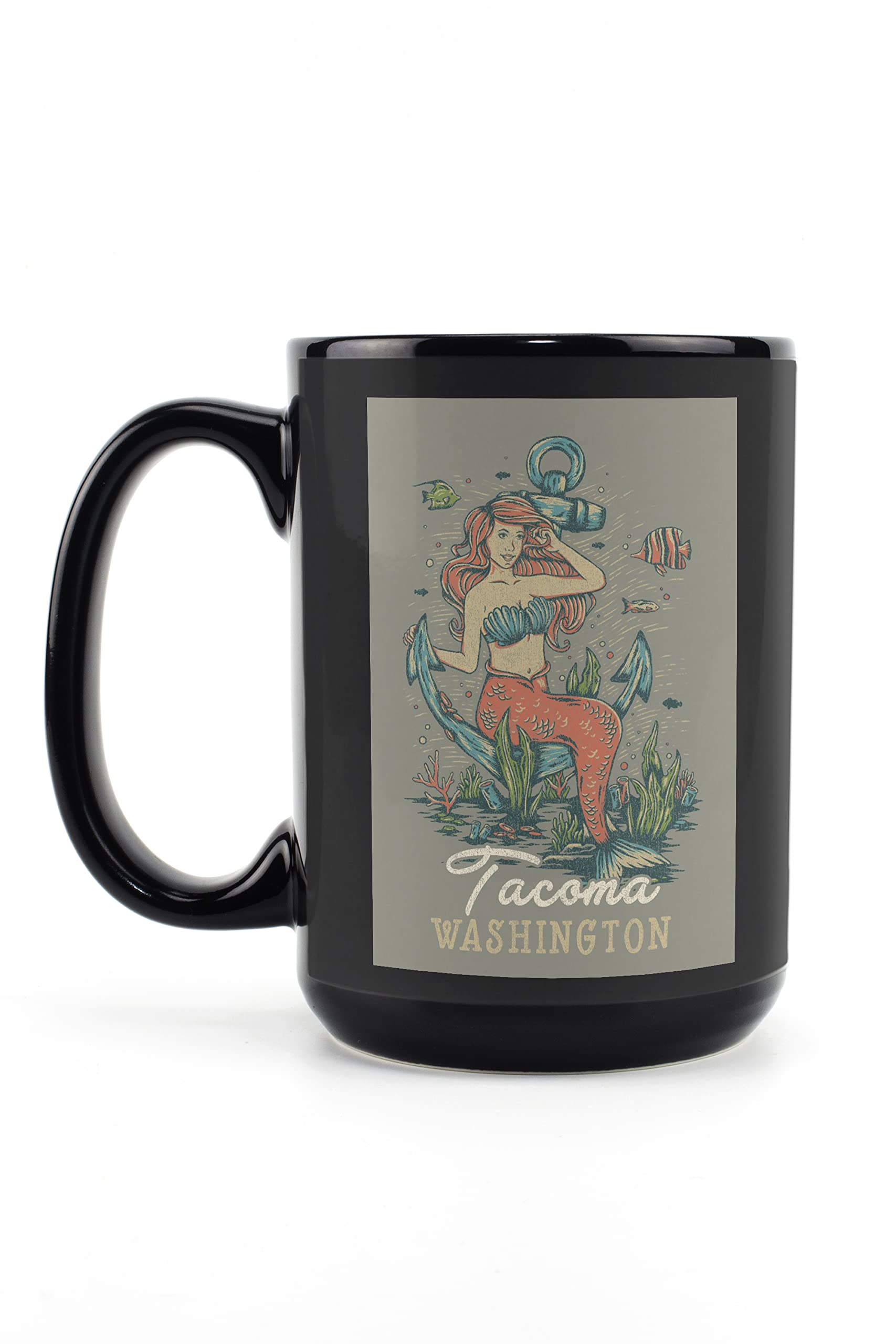 Lantern Press Tacoma Washington Mermaid & Anchor 15oz Black Ceramic Coffee Mug - Microwave & Dishwasher Safe - Perfect for Home, Office & Gifts