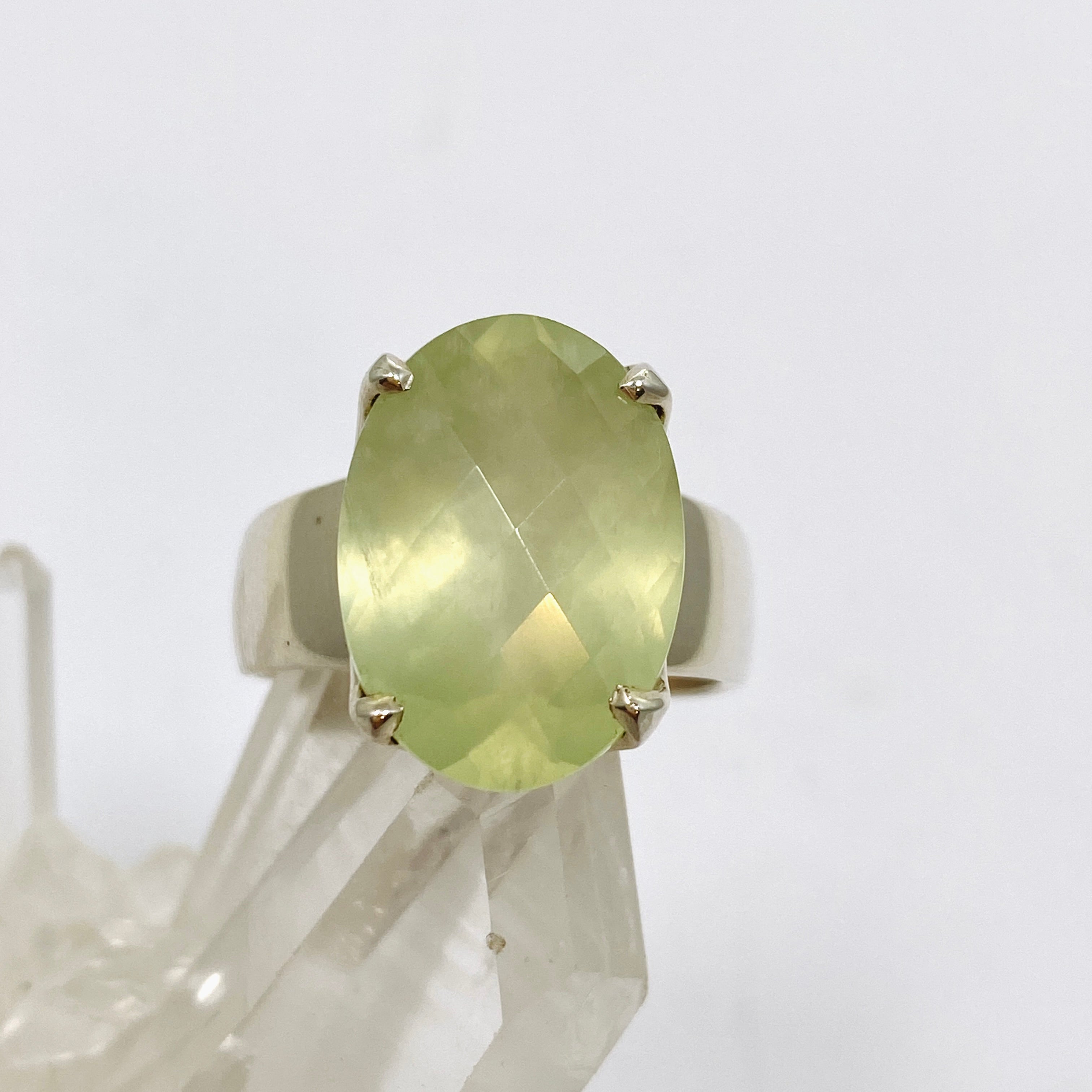 Prehnite Oval Checkerboard Faceted Ring Size 10 - Natural Gemstone Jewelry for Women, Elegant Statement Ring for Wedding, Party & Special Occasions