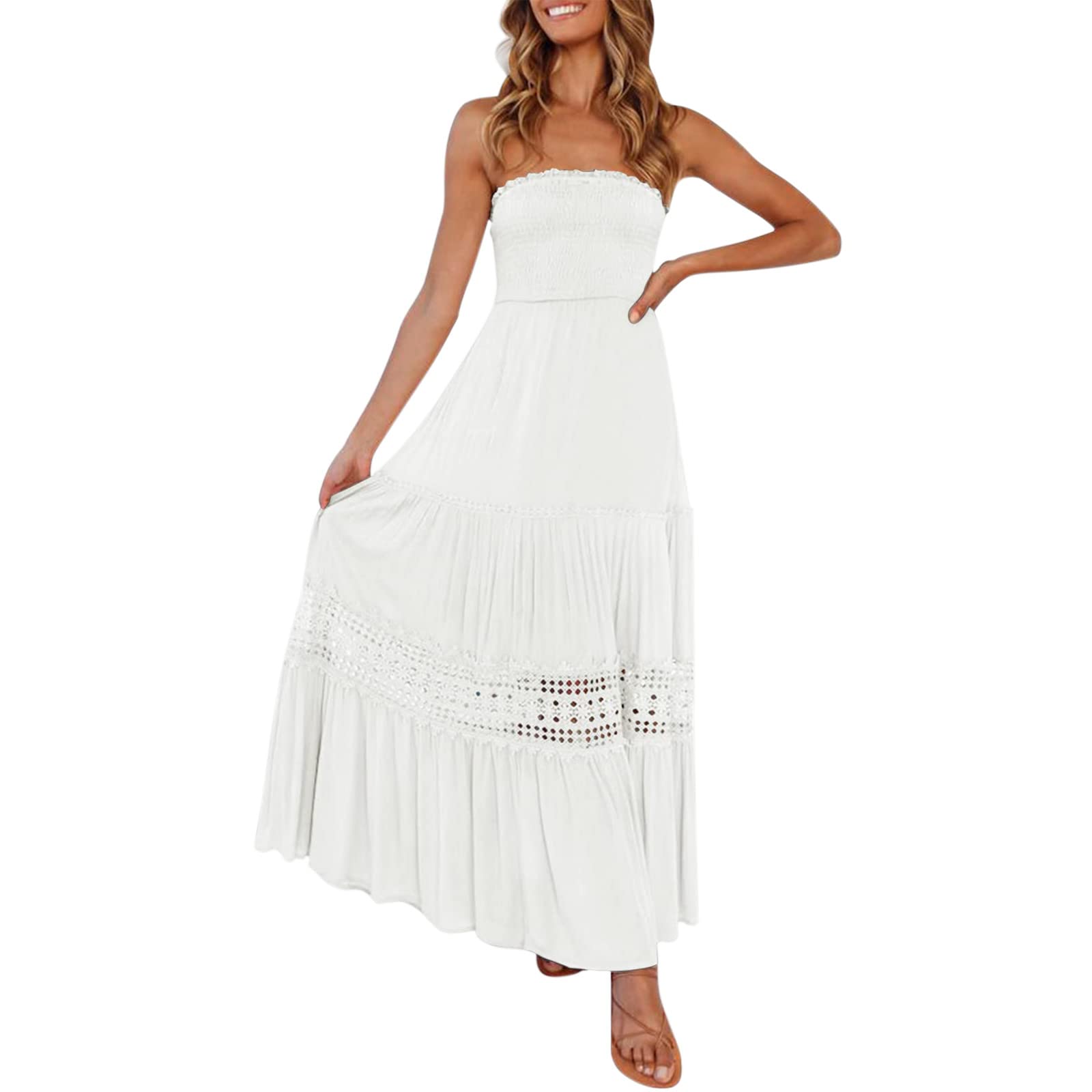 Bohemian Strapless Off-Shoulder Lace Maxi Dress for Women - Flowy A-Line Beach Wedding Dress with Backless Design in Black | Perfect for Summer Vacations, Beach Parties & Date Nights