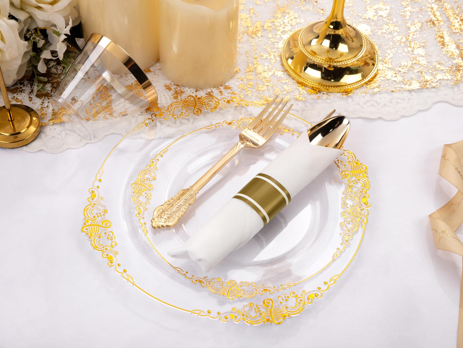 175PCS Clear Gold Plastic Plates Disposable - Elegant Party Dinnerware Set for 25 Guests (50 Plates, 75 Silverware, 25 Cups, 25 Napkins) - Perfect for Weddings, Birthday Parties & Special Events