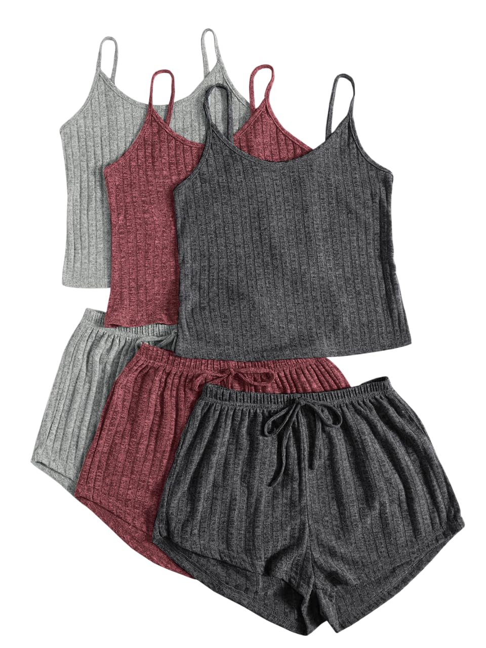 SOLY HUX Women's Ribbed Knit Pajama Set - Cami Crop Top & Shorts Sleepwear, 3-Piece Lounge Set for Women | Comfortable Nightwear for Sleep, Relaxing & Home Wear