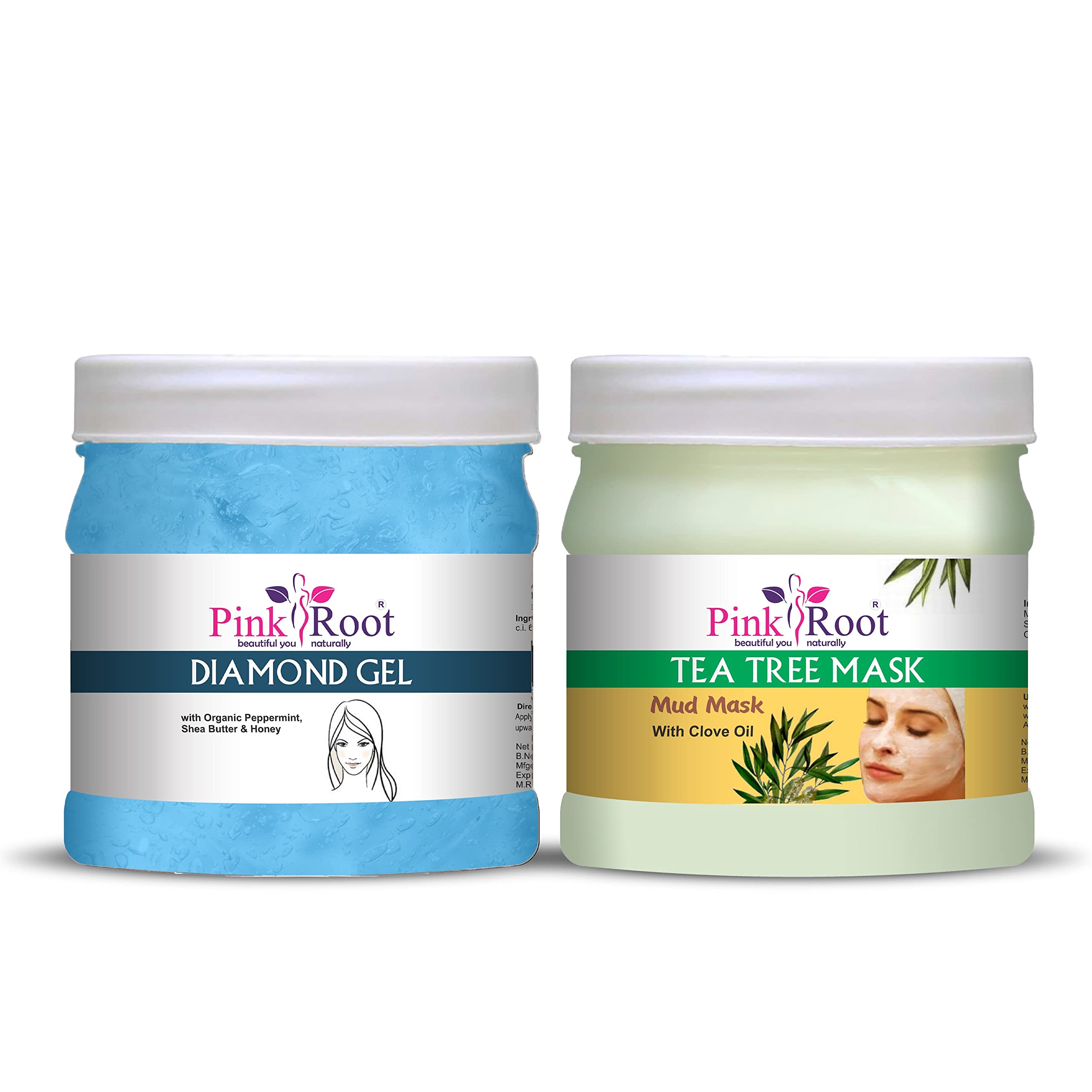 Pink Root Diamond Gel 500g with Tea Tree Mud Mask 500g - Hydrating Skincare Set for Acne Treatment & Pore Cleansing | Perfect for Spa Day & At-Home Facial Care