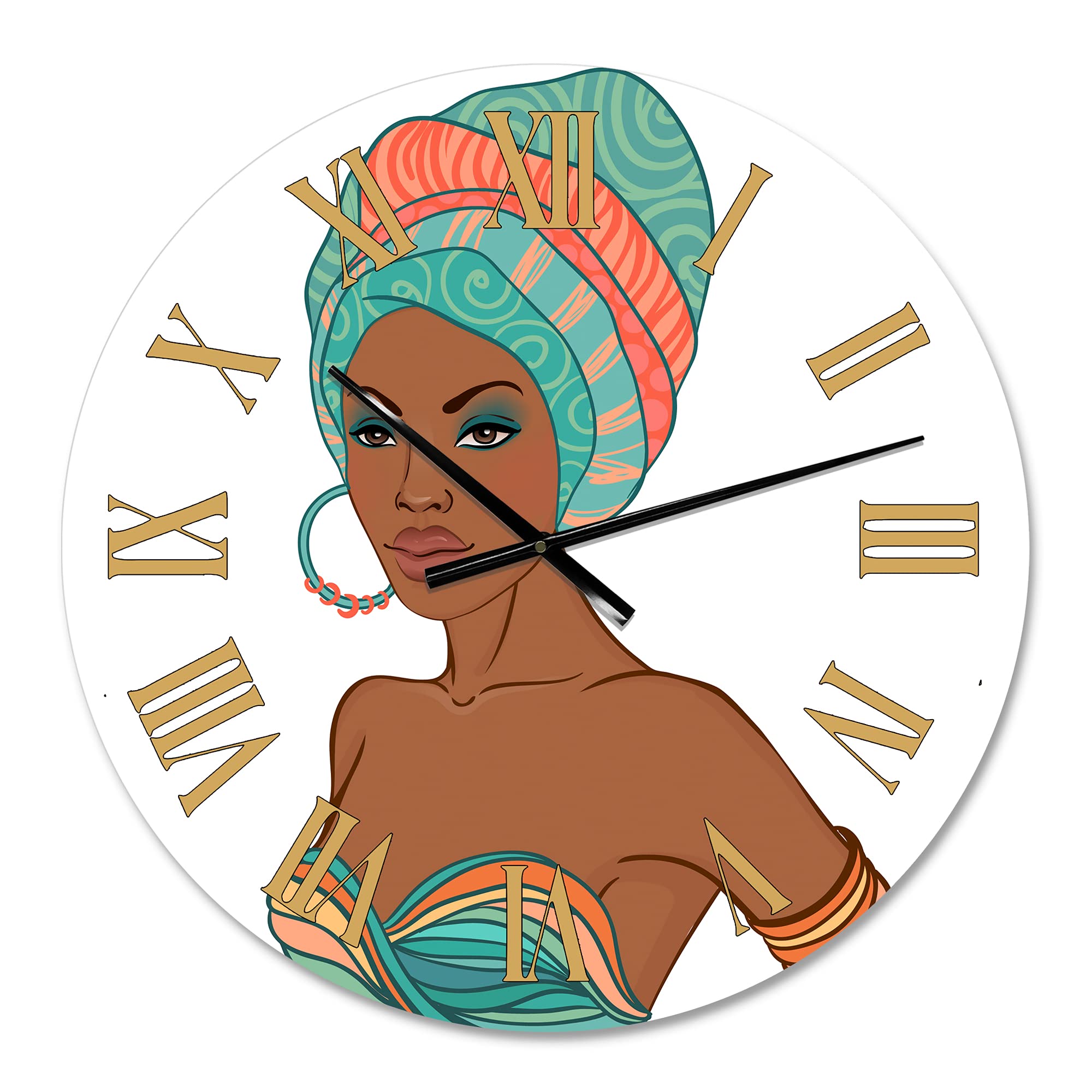 DesignQ Modern Wall Clock - African American Woman with Earring & Turban - Large Decorative Wall Clock for Kitchen, Living Room, Bedroom, Office - Unique Home Decor Gift Idea