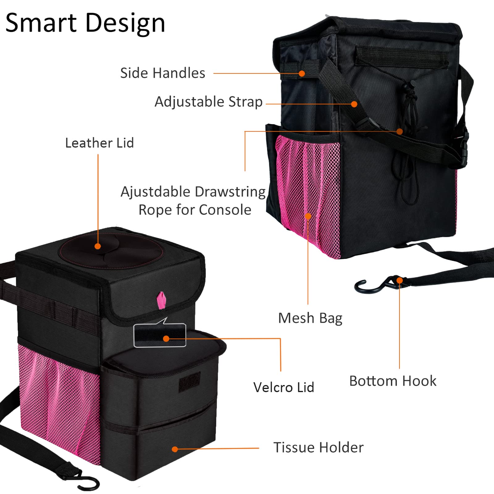 Foldable Car Trash Can - 3 Gallon Leakproof Auto Garbage Bin for Vehicles (Black/Pink) | Ideal for Road Trips, Commuting & Keeping Your Car Clean