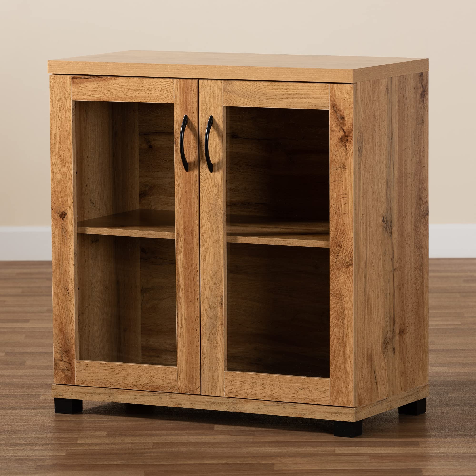 Baxton Studio Zentra Modern Oak Brown Wood 2-Door Storage Cabinet with Glass Doors - Contemporary Home Office Furniture for Living Room, Bedroom & Entryway Storage