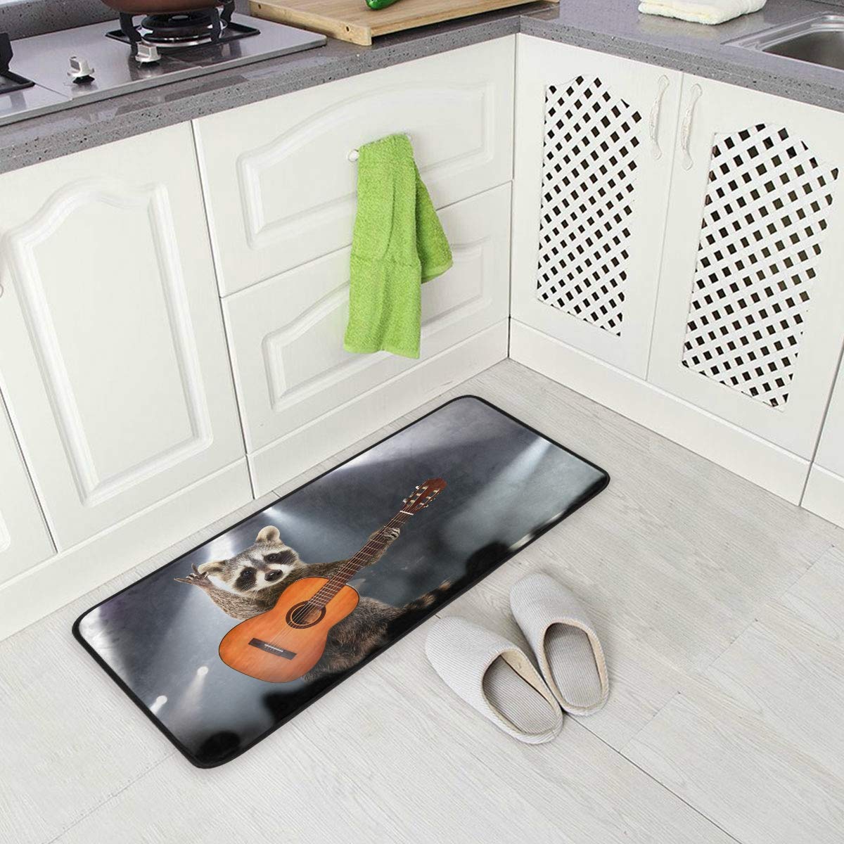 MOYYO Funny Raccoon with Acoustic Guitar Kitchen Rug - Anti-Fatigue Non-Slip Floor Mat, Oil & Stain Resistant, Easy to Clean - Perfect for Kitchen, Bathroom, Indoor/Outdoor Use as Doormat or Comfort Mat