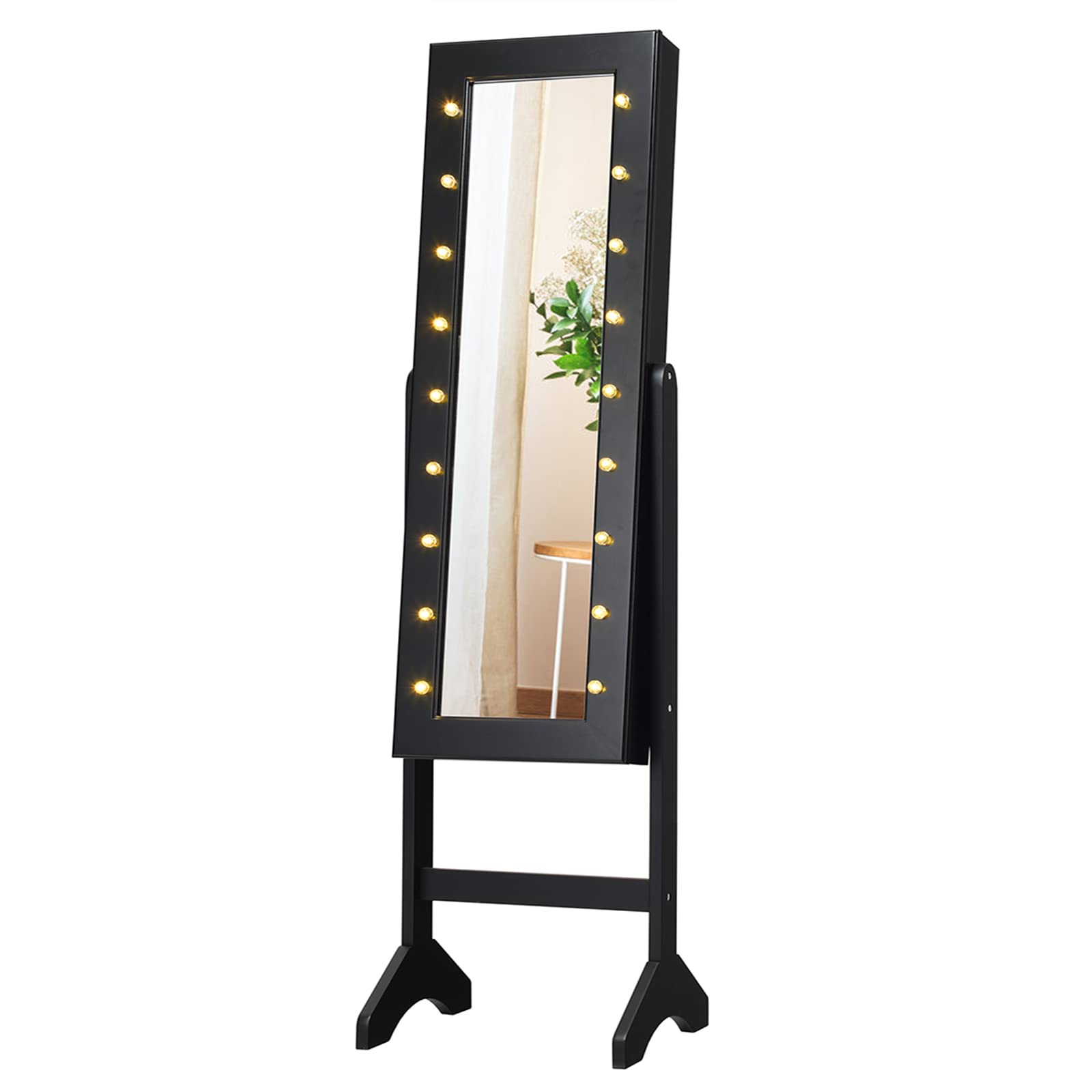 Giantex Standing Jewelry Armoire with 18 LED Lights - Large Mirrored Jewelry Cabinet with Full Length Mirror, 16 Lipstick Holders & Inside Makeup Mirror - Perfect for Bedroom, Closet & Dressing Room Organization (Black)